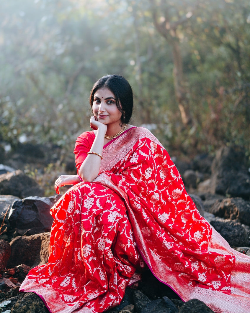 Banarsi Silk Saree Red - Hand woven