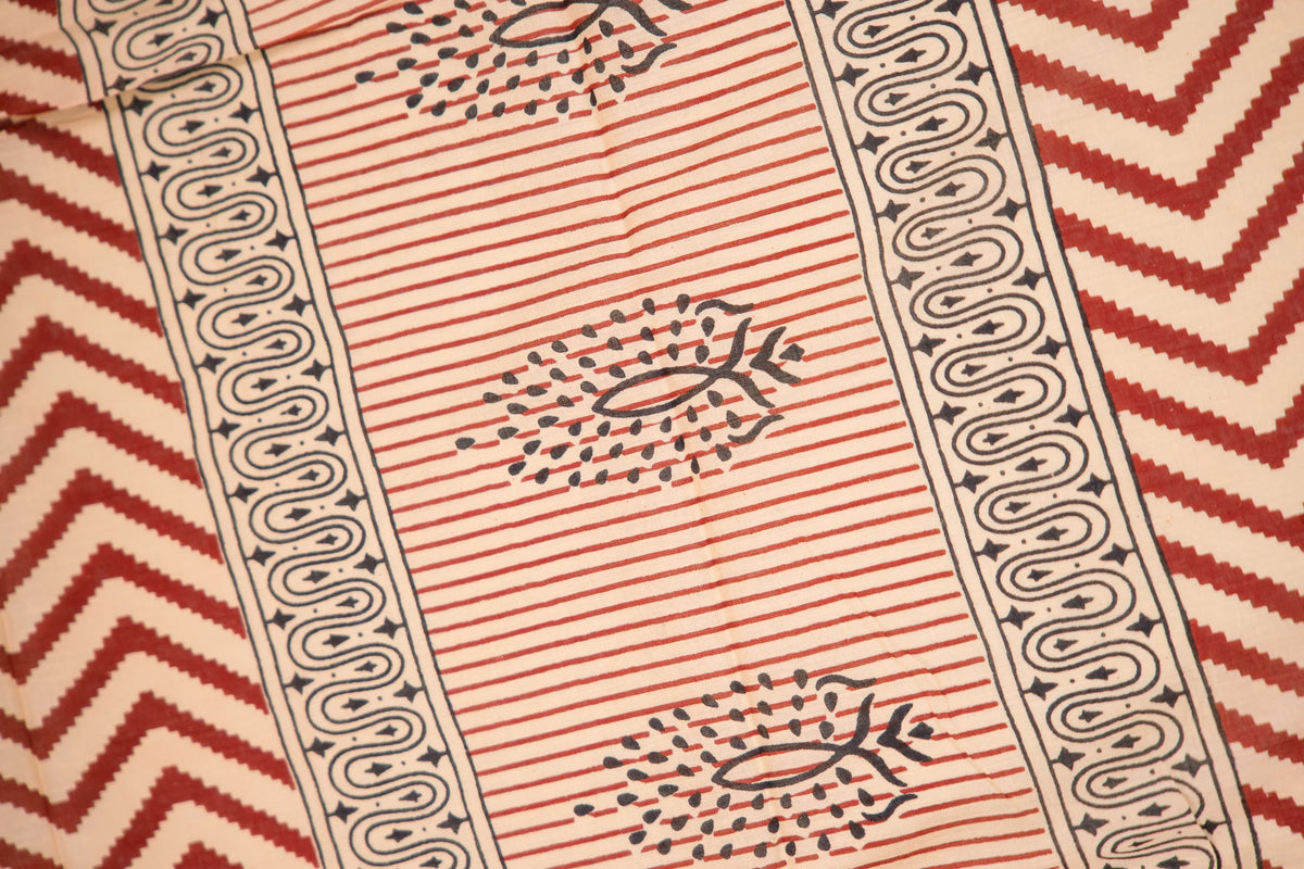 Beige Pinstripe Paisley Mul Mul Cotton Saree
