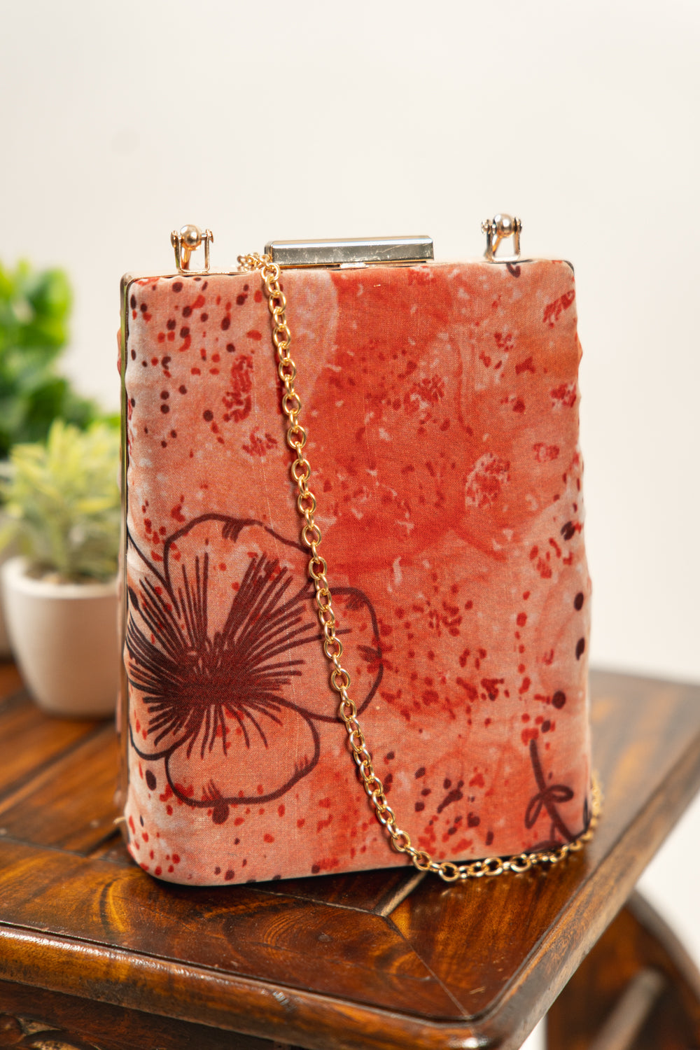 Coral Red Floral Print Structured Box Clutch - view 6