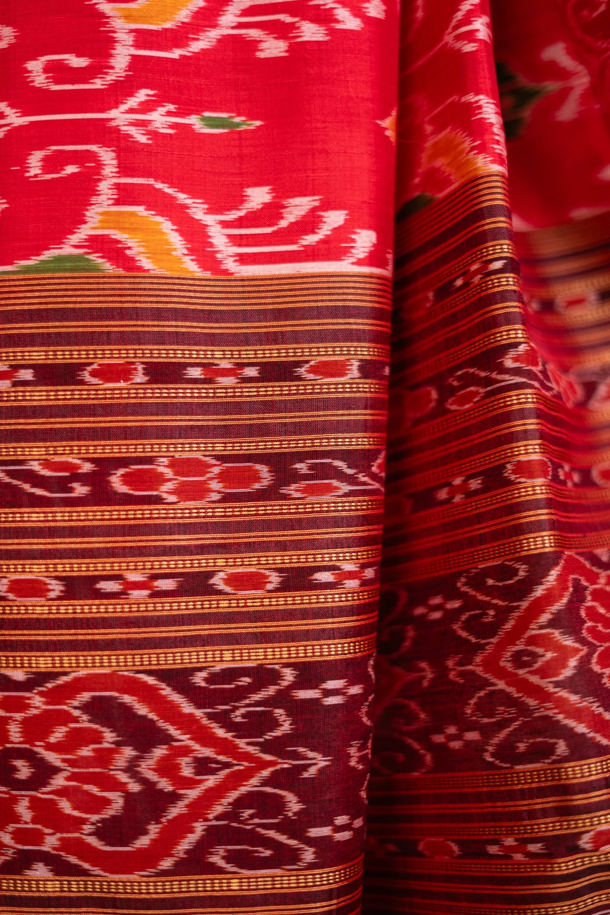 Crimson Red & Black Floral Motif Khandua Silk Saree | Atulya Karigari