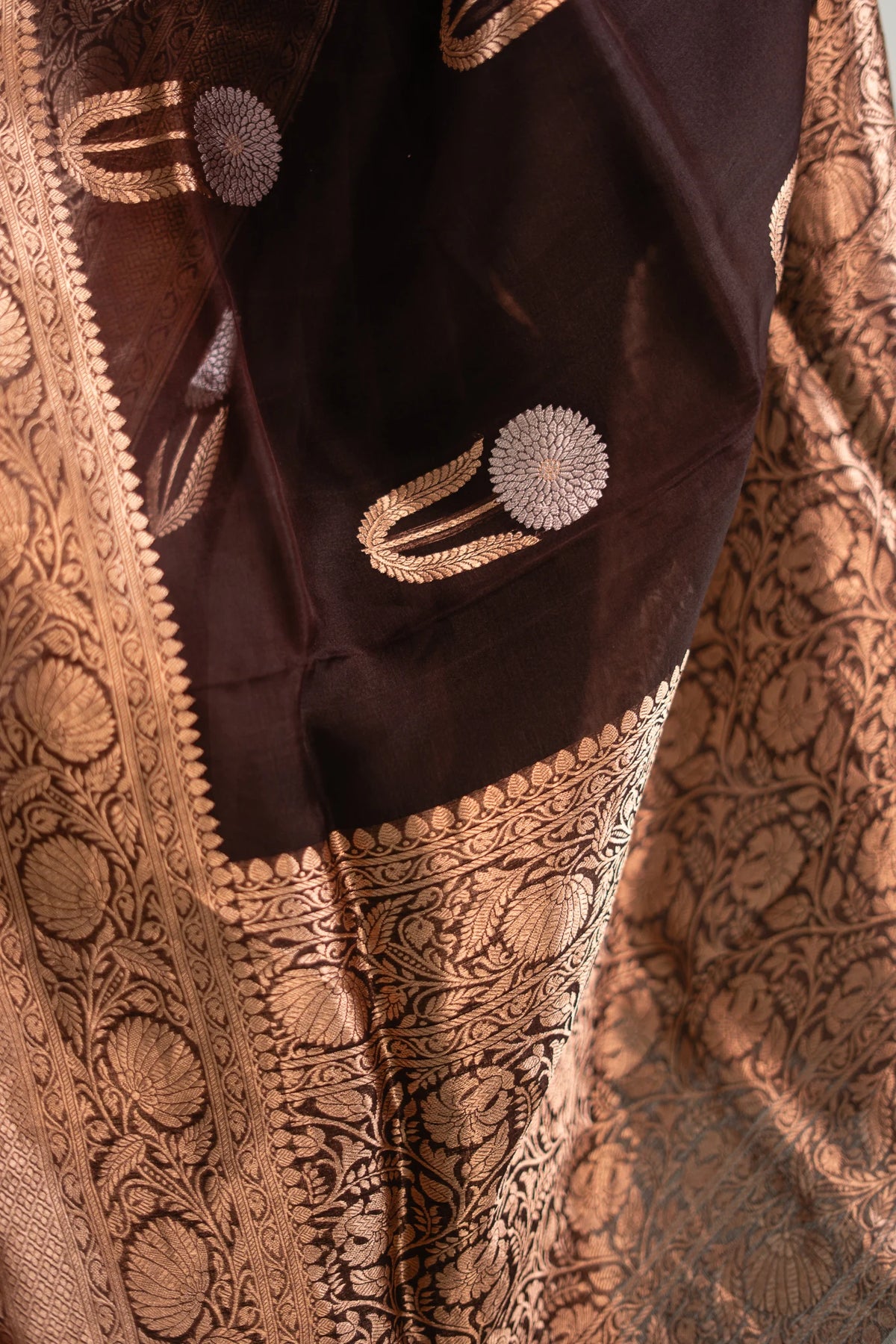Dark Chocolate Banarasi Silk Saree - Floral Arch Border
