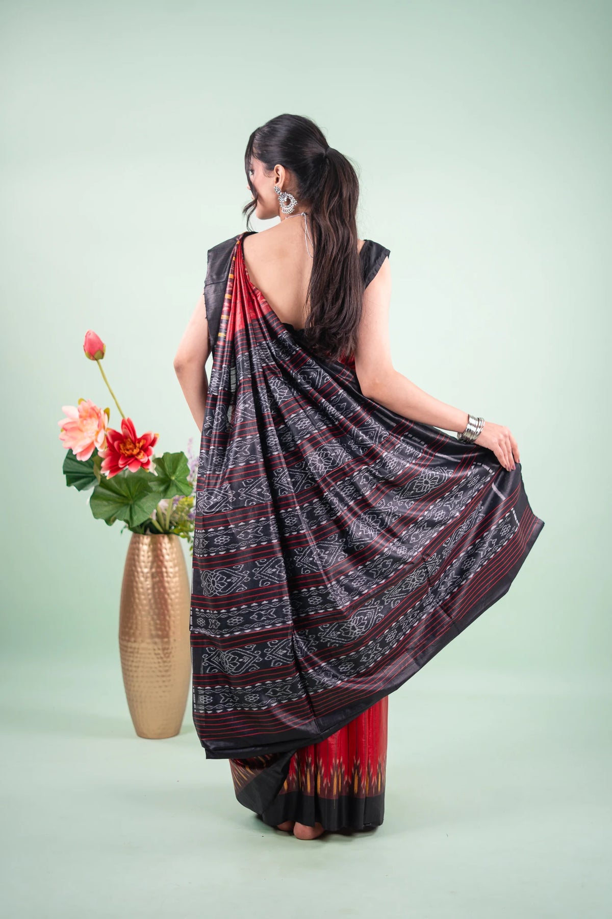 Crimson Black Striped Ikat Tussar Saree