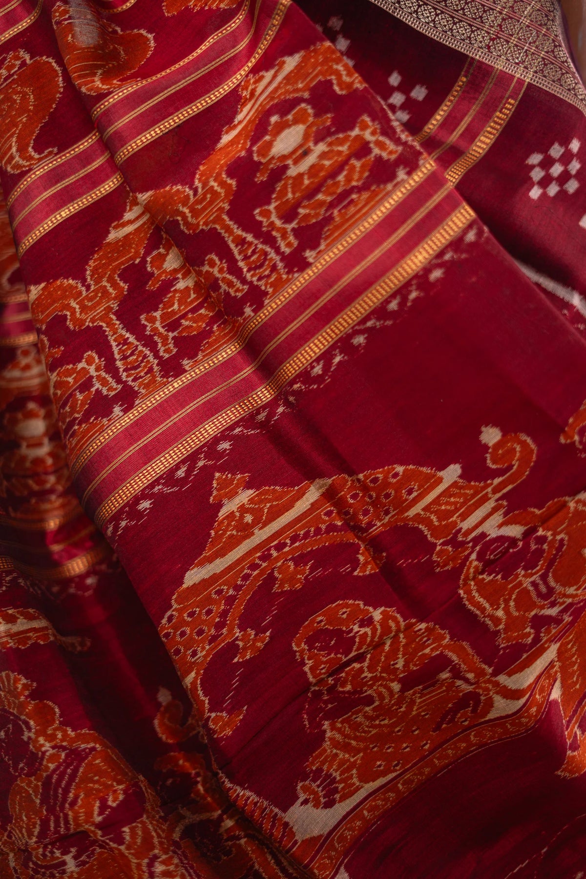 Mustard Yellow & Red Khandua Silk Saree | Atulya Karigari