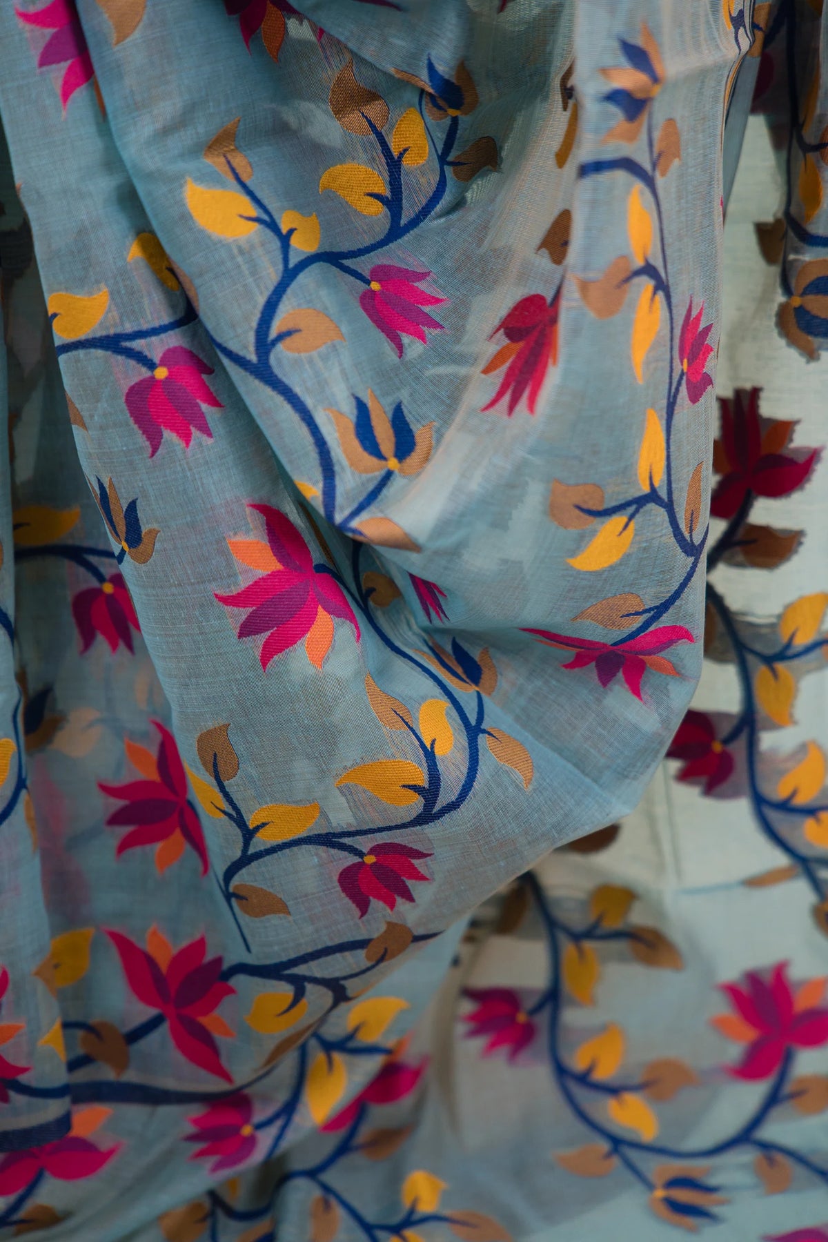 Muted Sea Green Cotton Silk Saree with Multicolour Floral Jaal & Navy Blue Border | Atulya Karigari