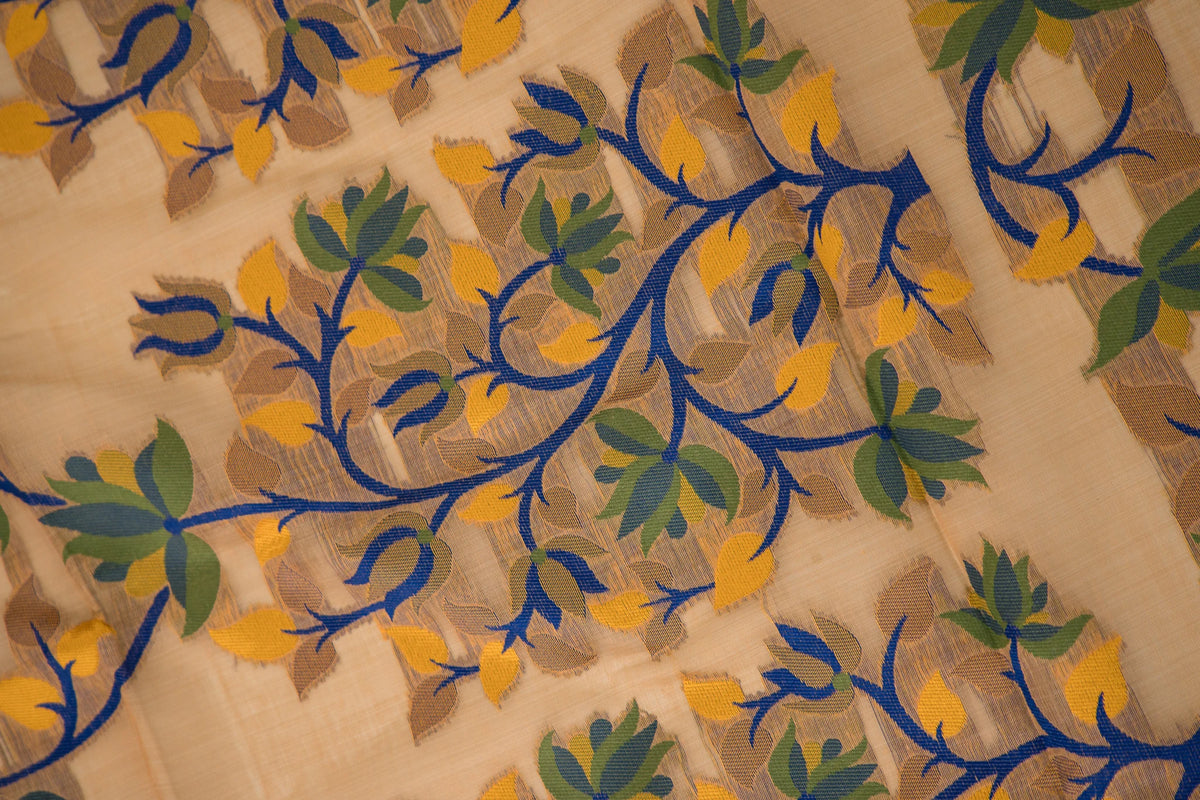 Muted Gold Cotton Silk Saree with Floral Vine Jaal & Navy Blue Border | Atulya Karigari