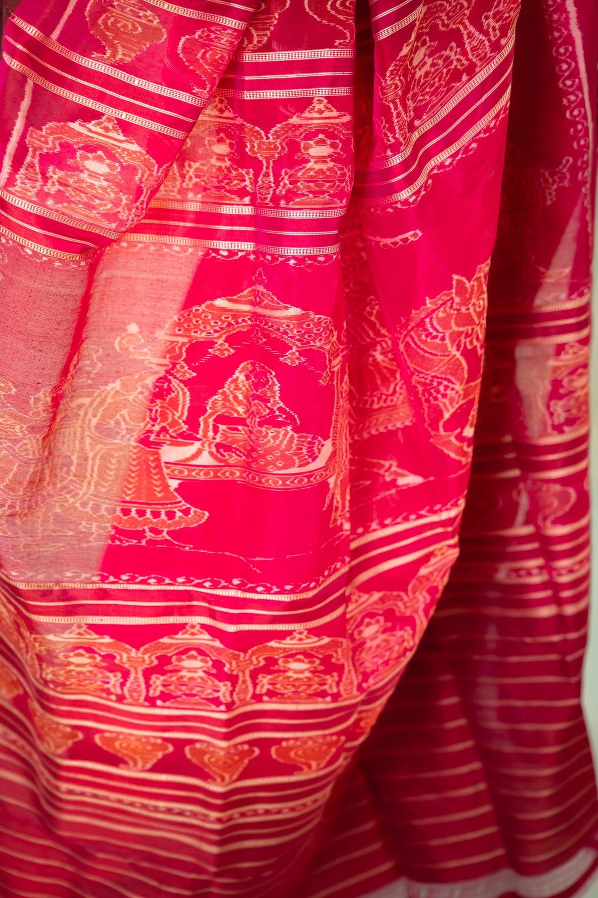 Magenta Maroon Triangle Ikat Khandua Silk Saree