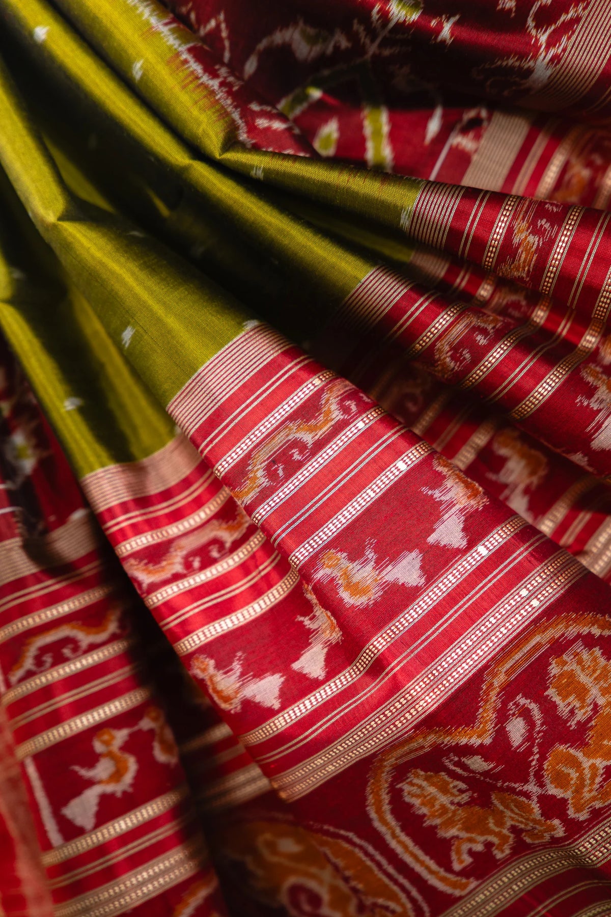 Olive Green Red Elephant Motif Khandua Silk Saree