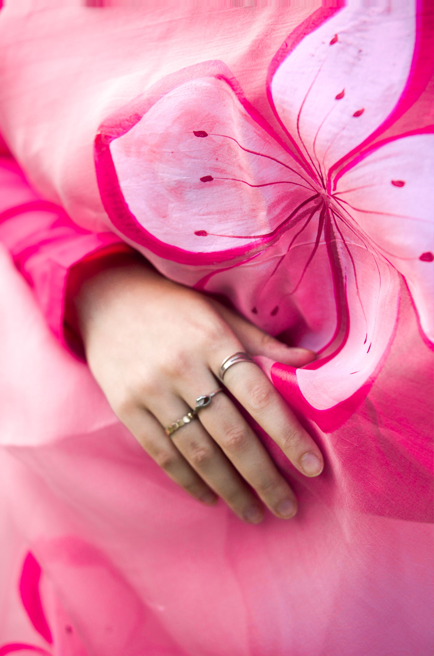 Carrot Pink Organza saree hand painted