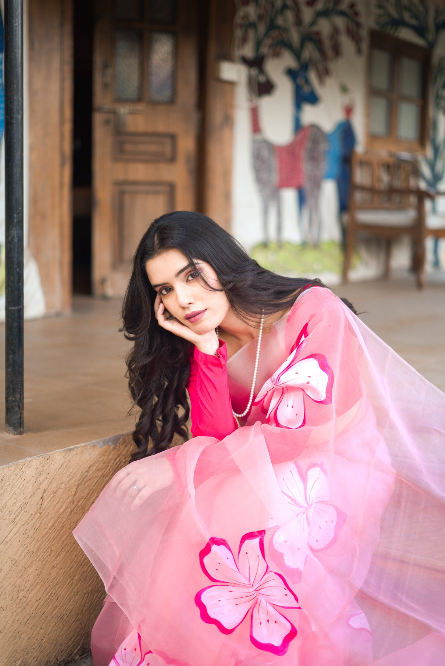 Carrot Pink Organza saree hand painted