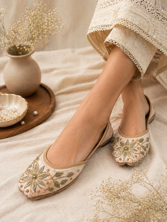 Blush Pink Gold Zari Sunflower Juttis