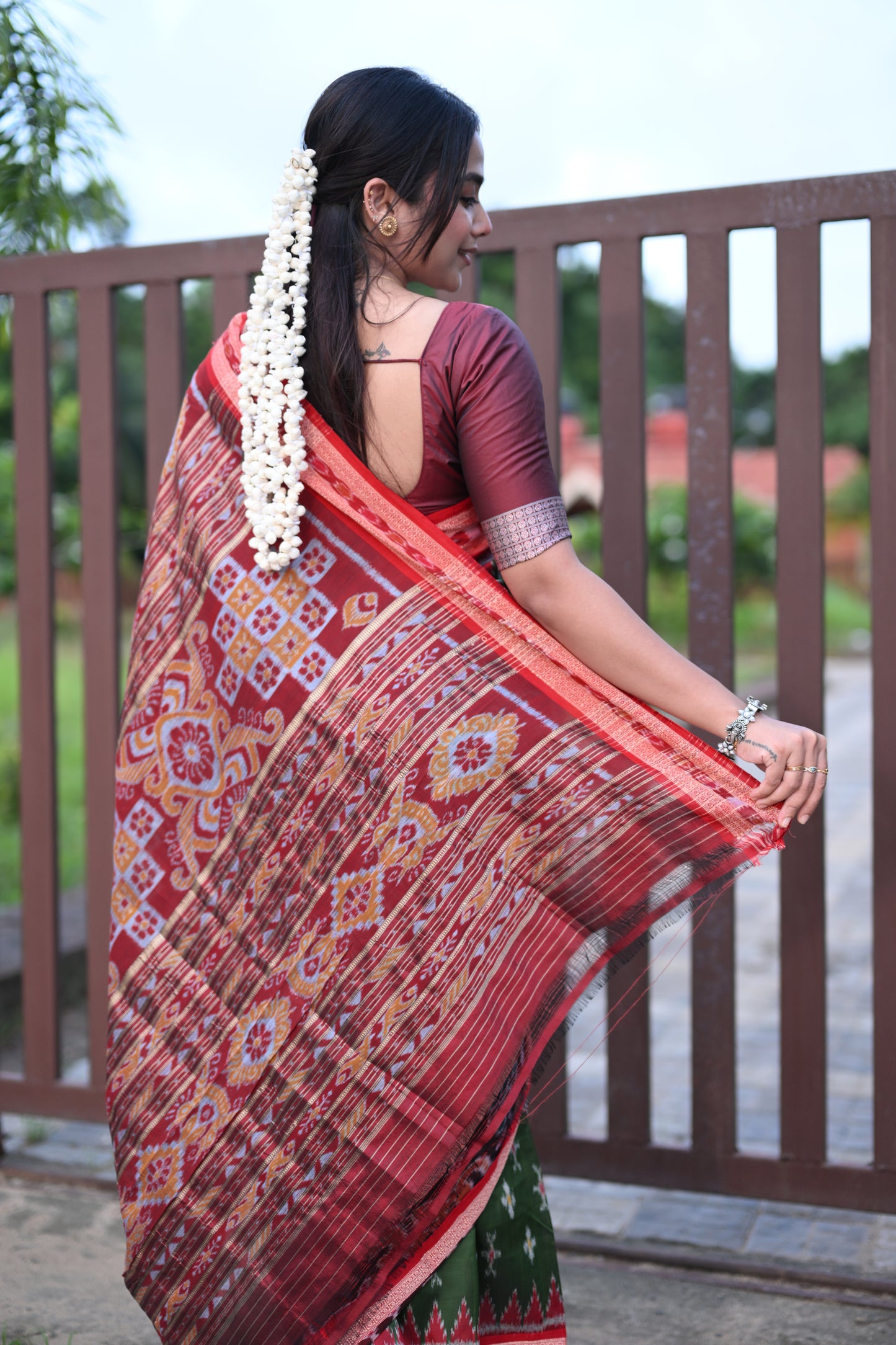 Olive Green Khandua Silk Saree with Ikat Buttis | Atulyakarigari
