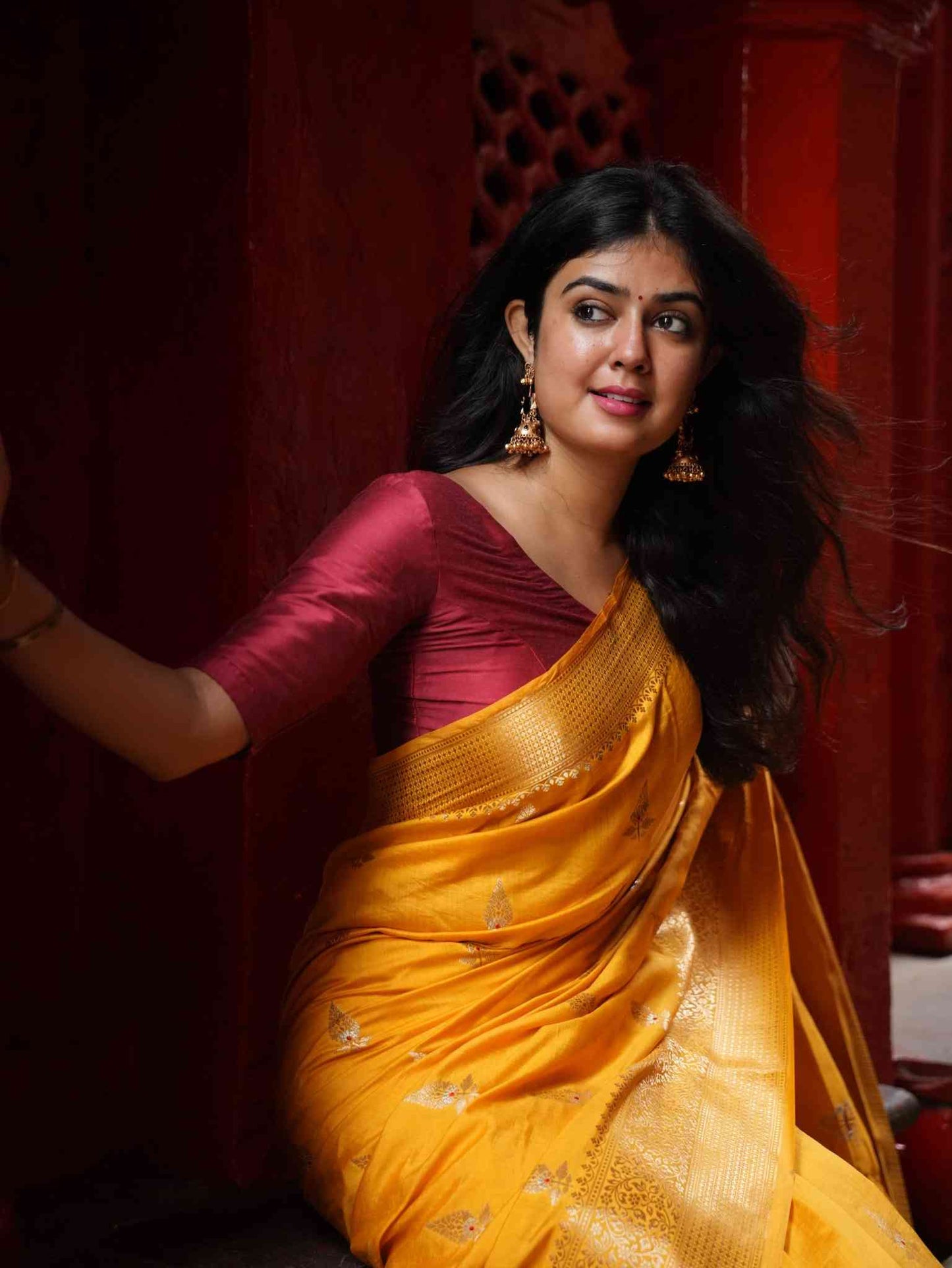 Mustard Yellow Banarsi Cotton Silk Saree – Zari petal work with border