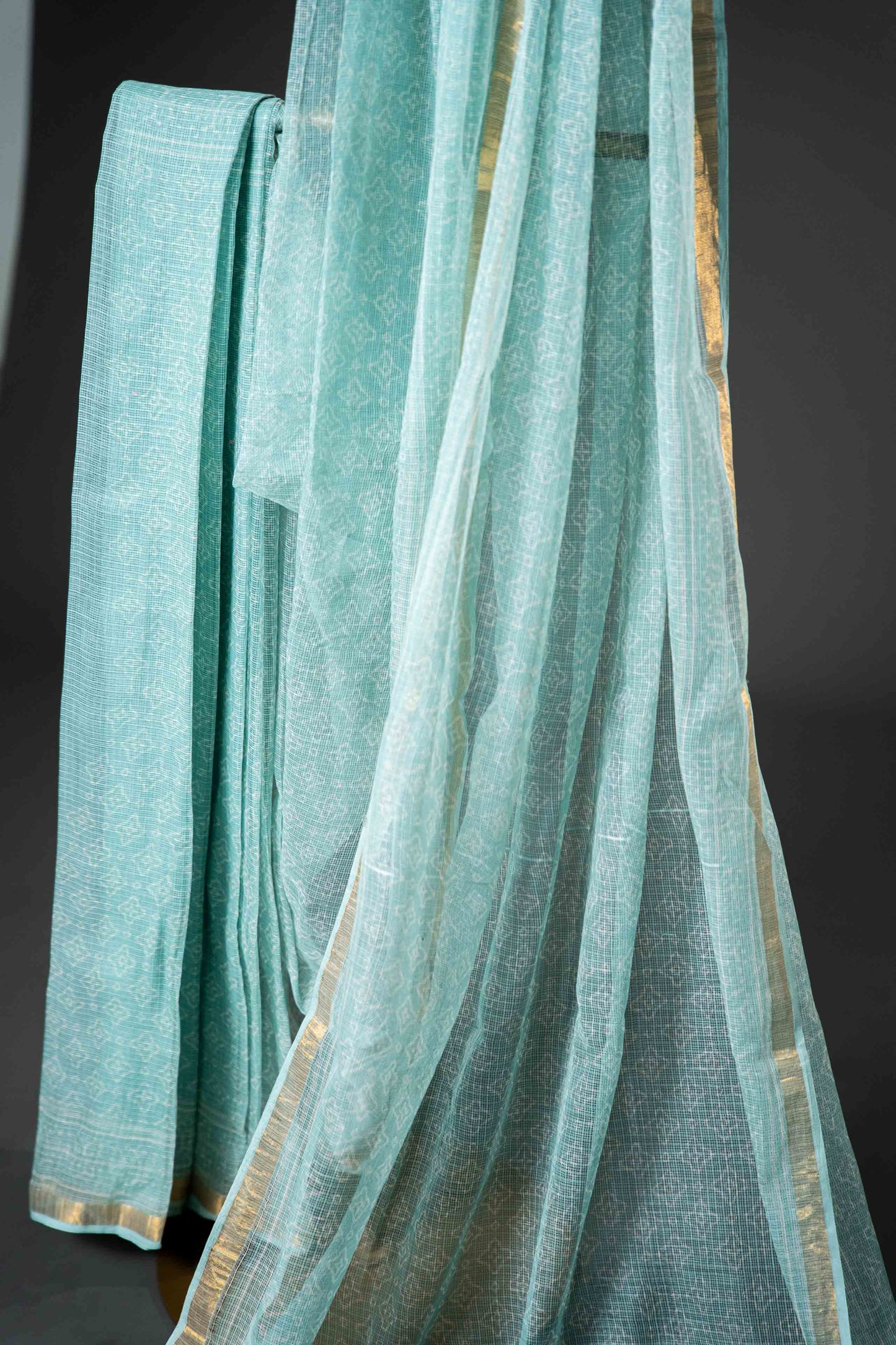 Bagru Kota Doria Saree – Pista Green Hand Block Print, Handloom Cotton