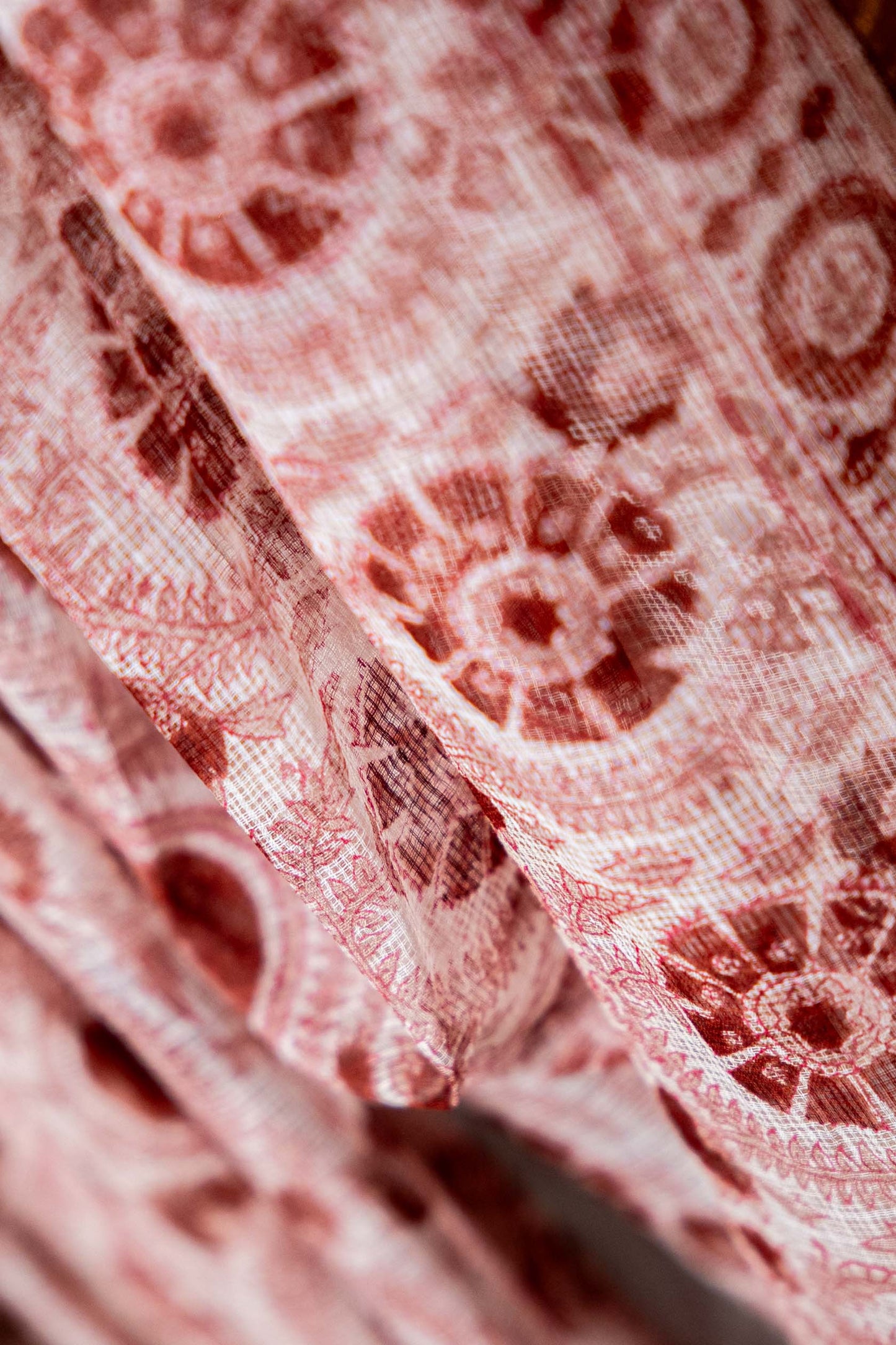 Bagru Kota Doria Saree – Rust Block Printed Handloom Cotton, Summer Wear