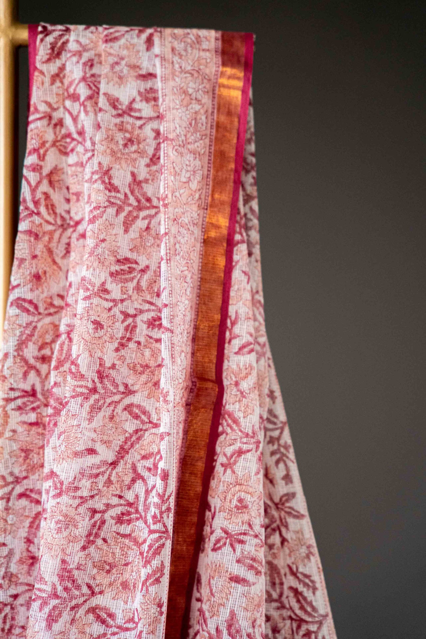 White & Mauve Kota Doria Saree – Hand Block Printed Floral Motifs