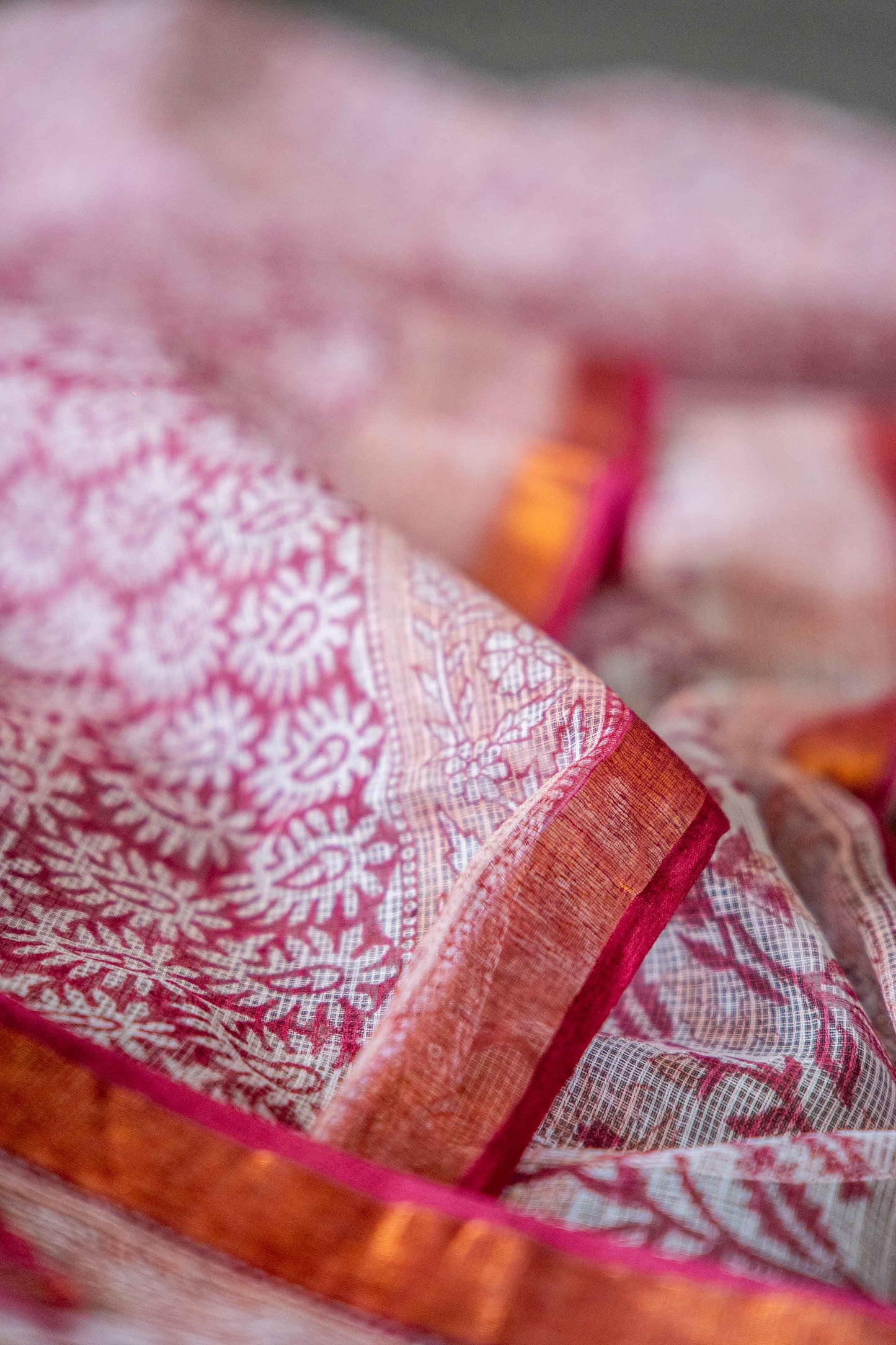 White & Mauve Kota Doria Saree – Hand Block Printed Floral Motifs