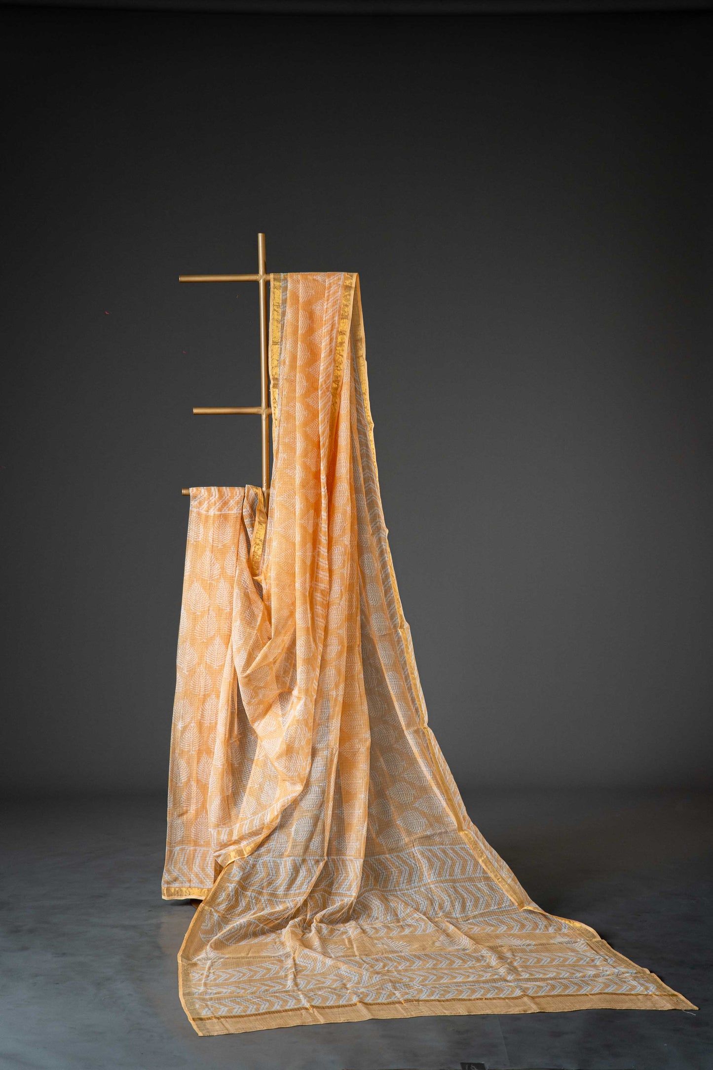 Light Orange Kota Doria Saree – White Floral Hand Block Print