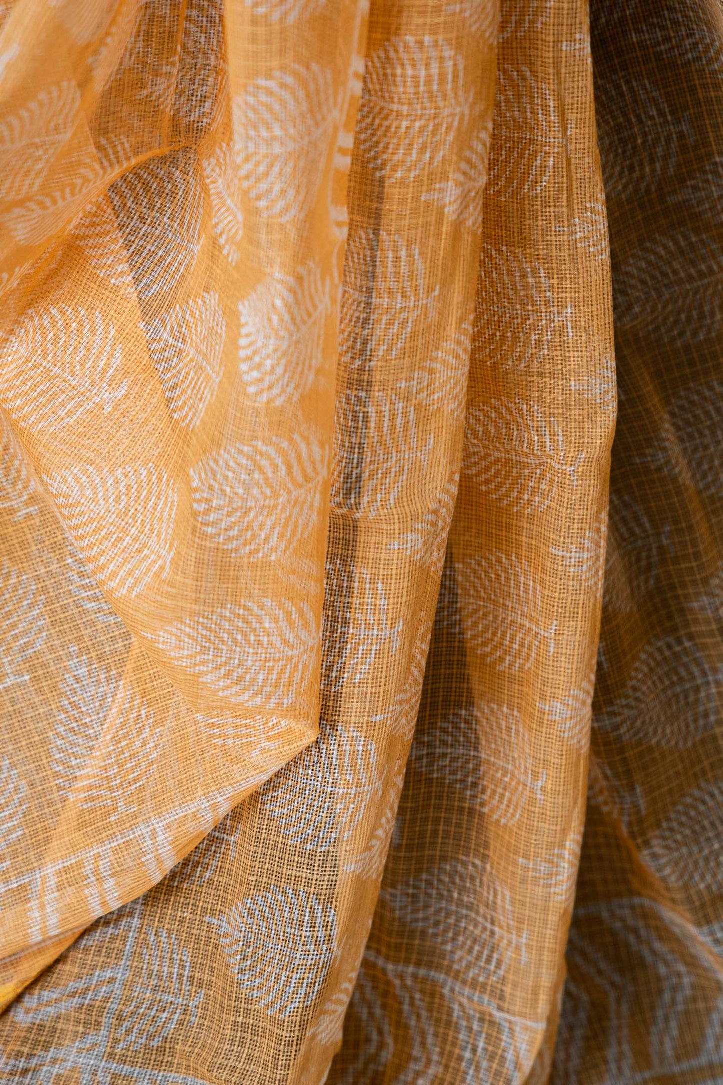 Light Orange Kota Doria Saree – White Floral Hand Block Print
