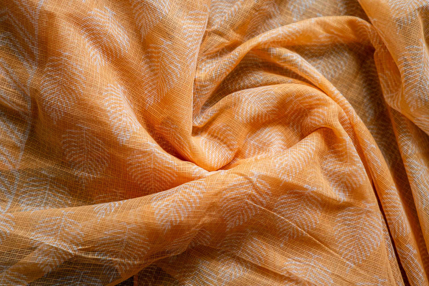 Light Orange Kota Doria Saree – White Floral Hand Block Print