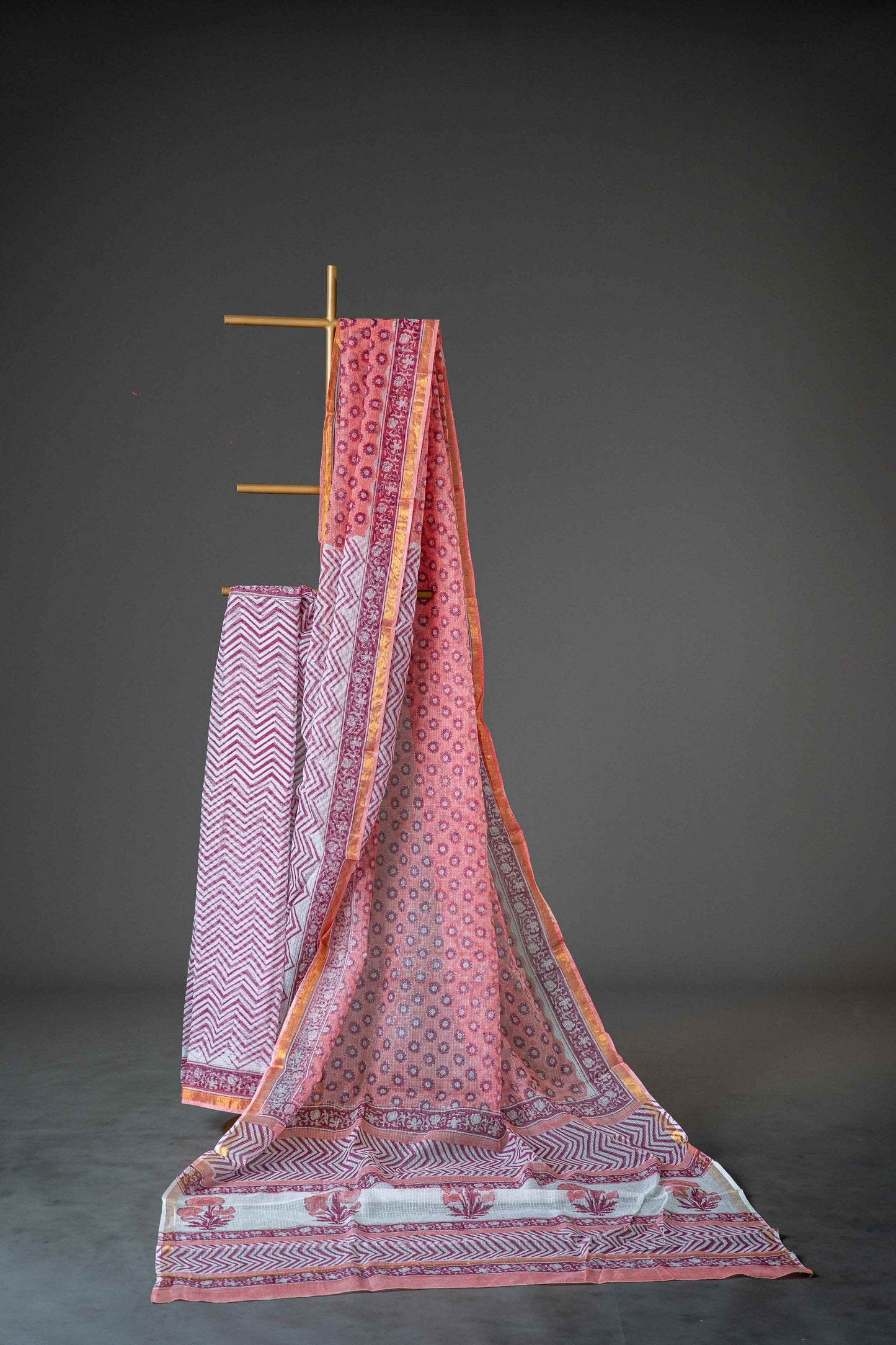 Maroon Kota Doria Saree – Zig Zag Striped Hand Block Print