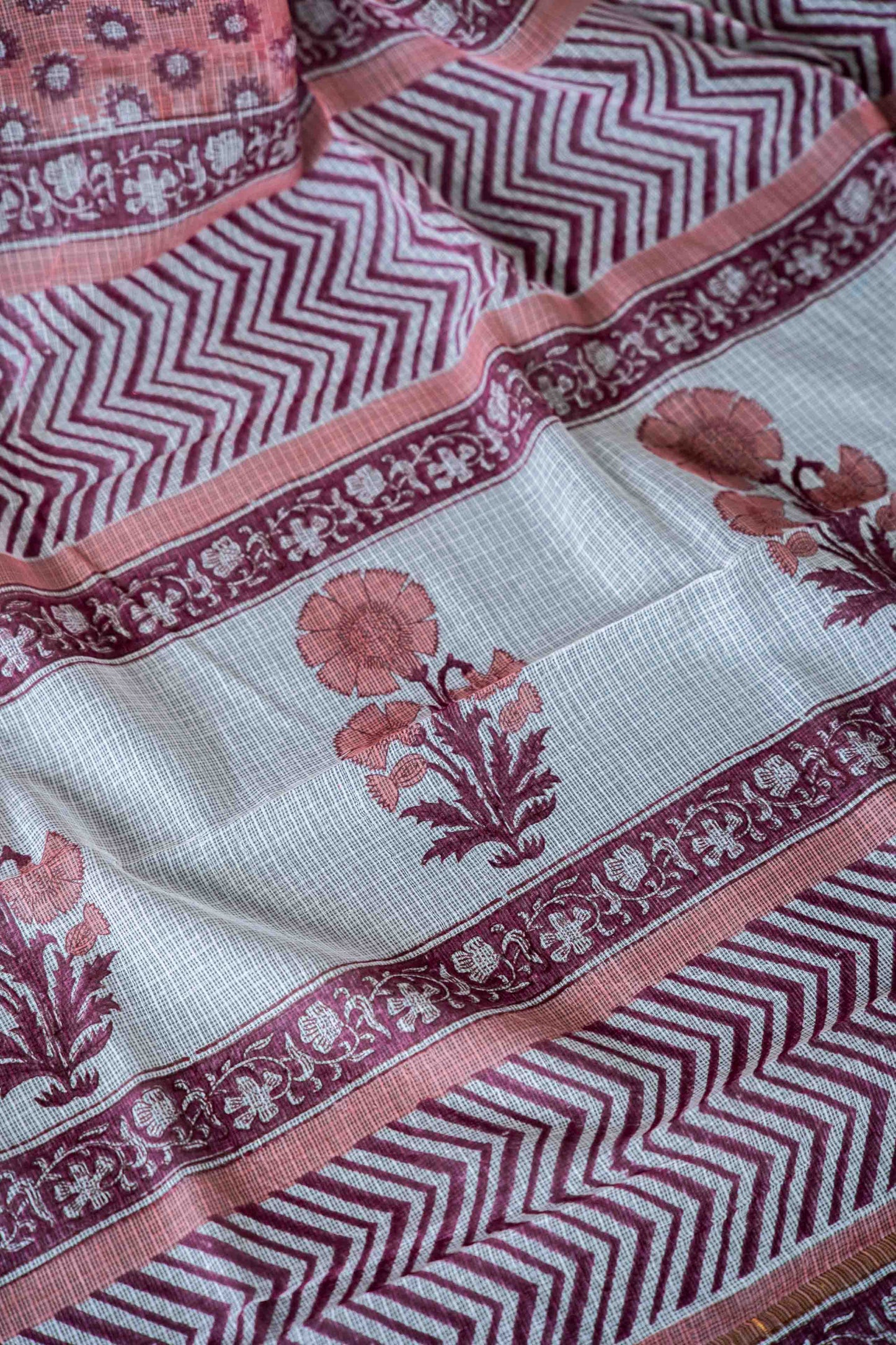 Maroon Kota Doria Saree – Zig Zag Striped Hand Block Print
