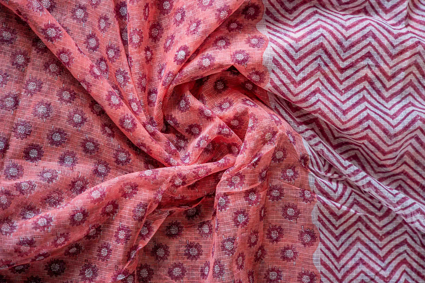 Maroon Kota Doria Saree – Zig Zag Striped Hand Block Print