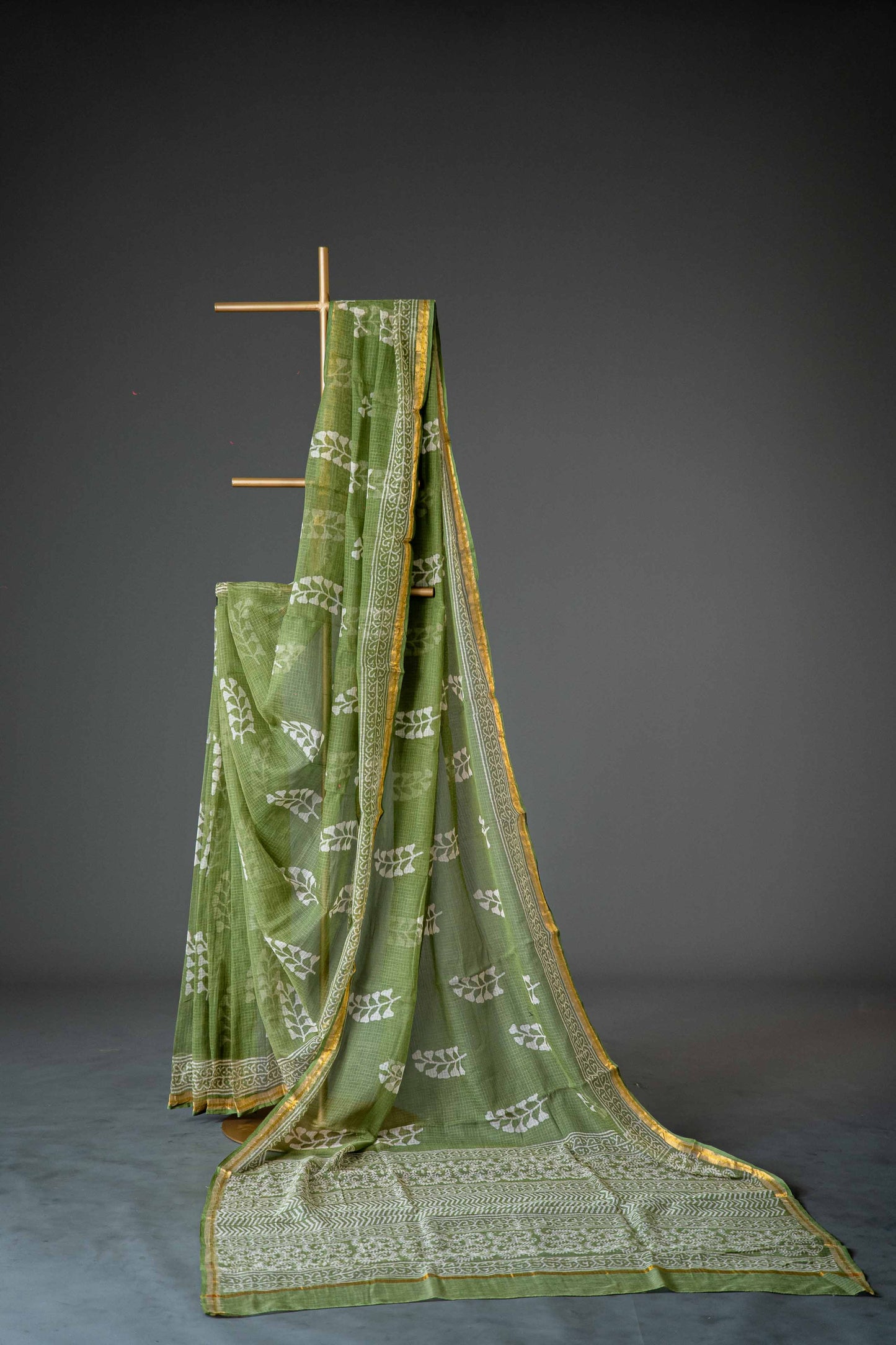 Olive Green Kota Doria Saree – Hand Block Printed Floral Motifs