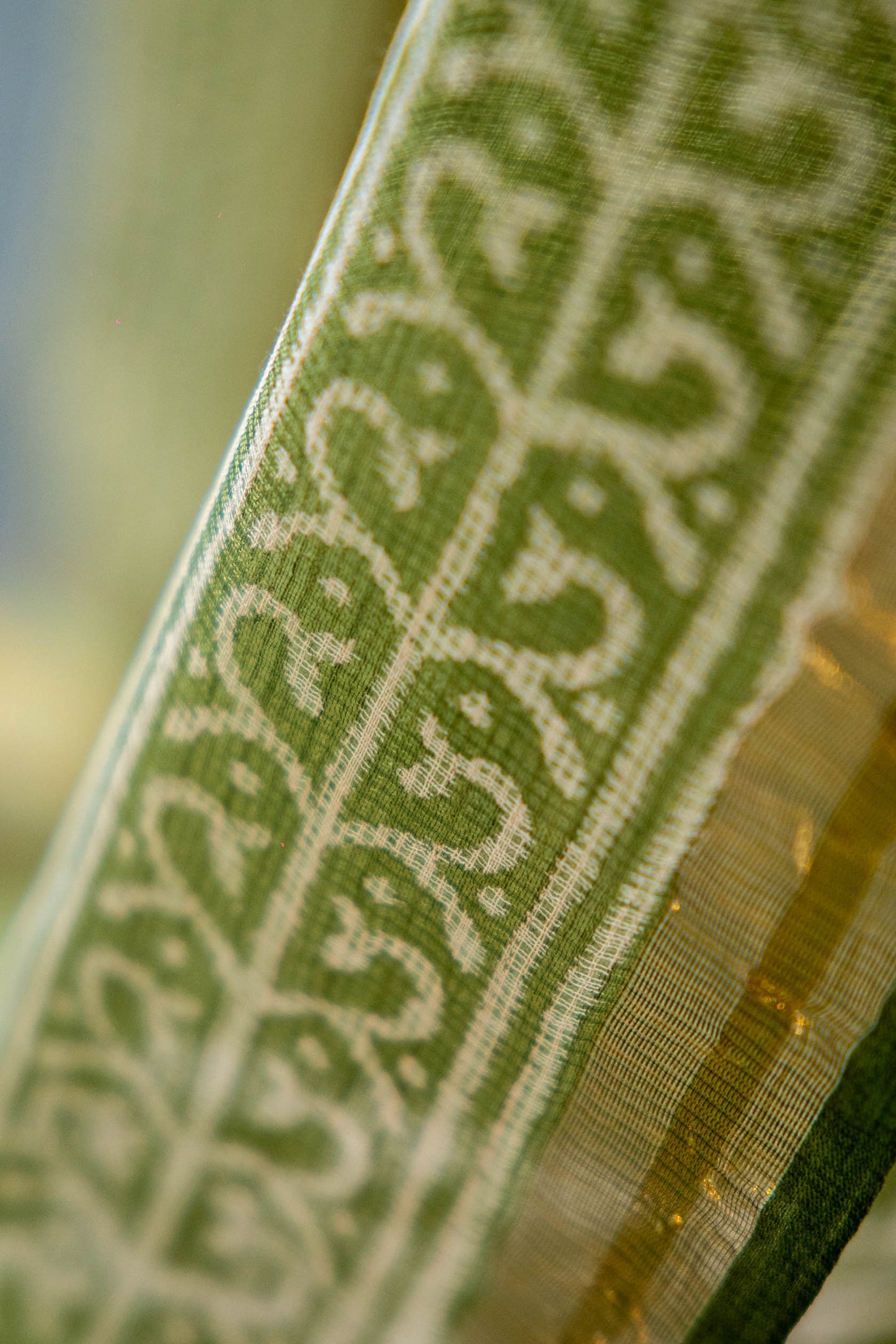 Olive Green Kota Doria Saree – Hand Block Printed Floral Motifs