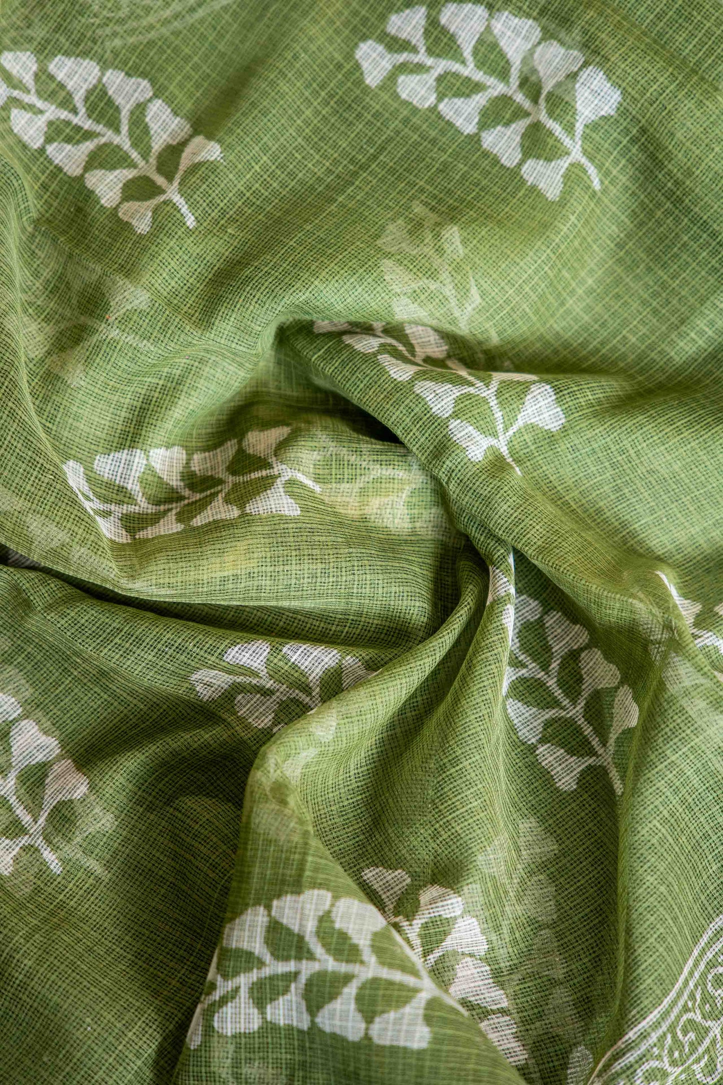 Olive Green Kota Doria Saree – Hand Block Printed Floral Motifs