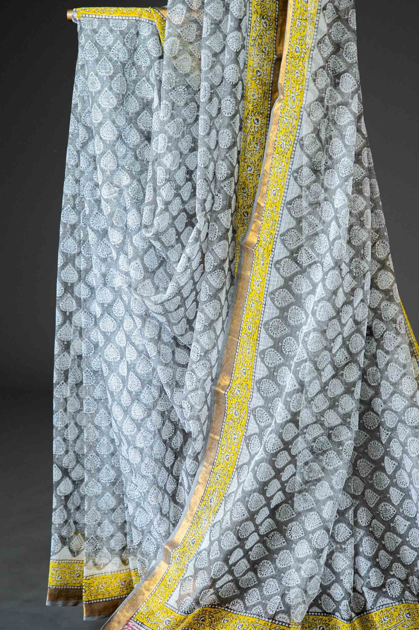 Black Kota Doria Saree – White Hand Block Print