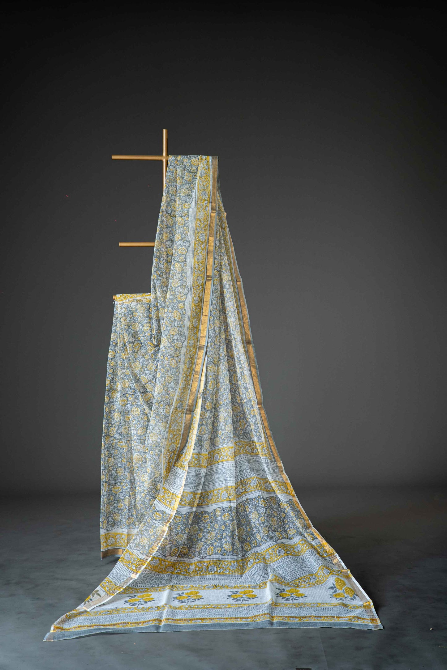 White Kota Doria Saree – Black & Yellow Floral Block Print
