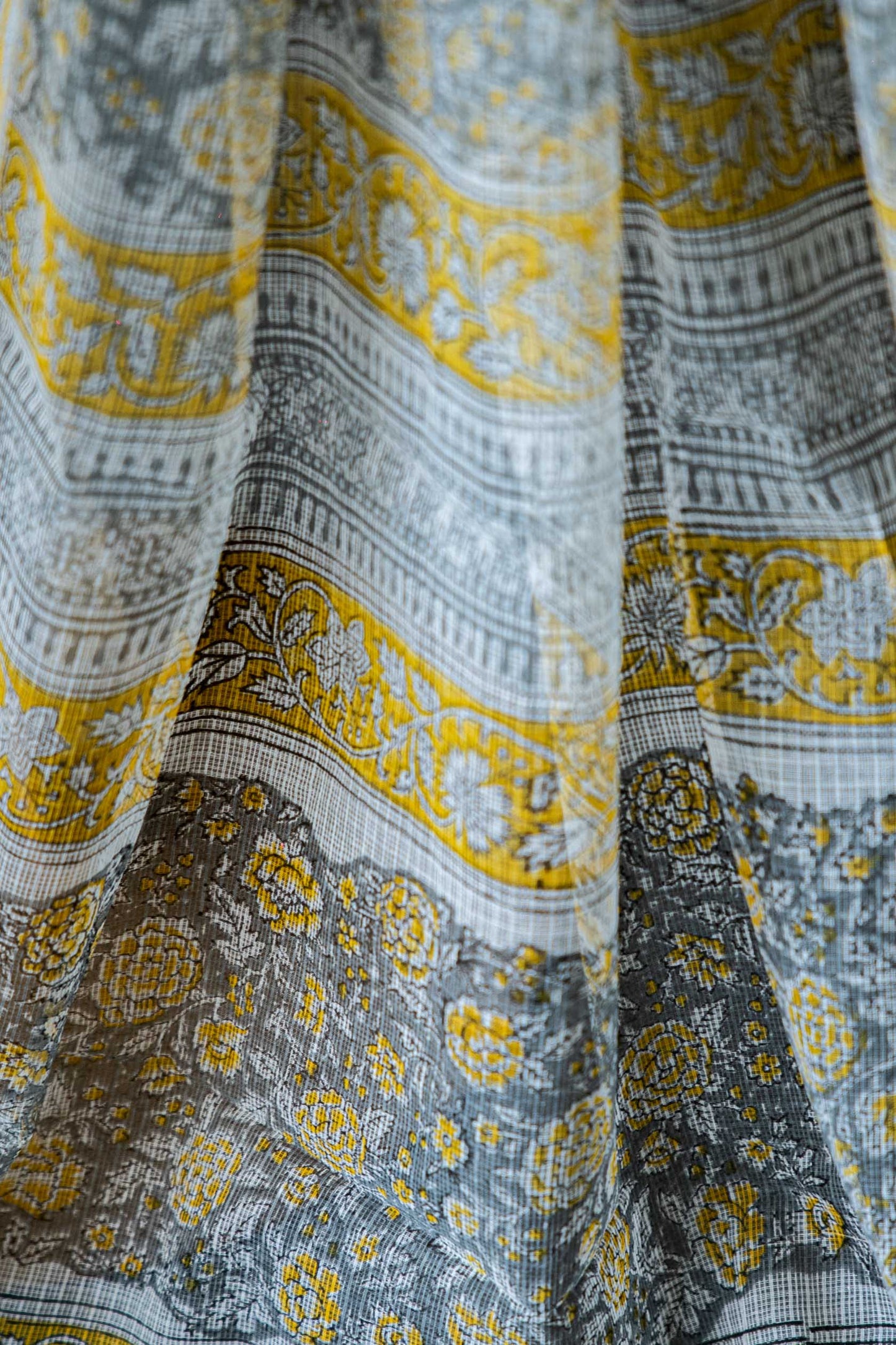 White Kota Doria Saree – Black & Yellow Floral Block Print