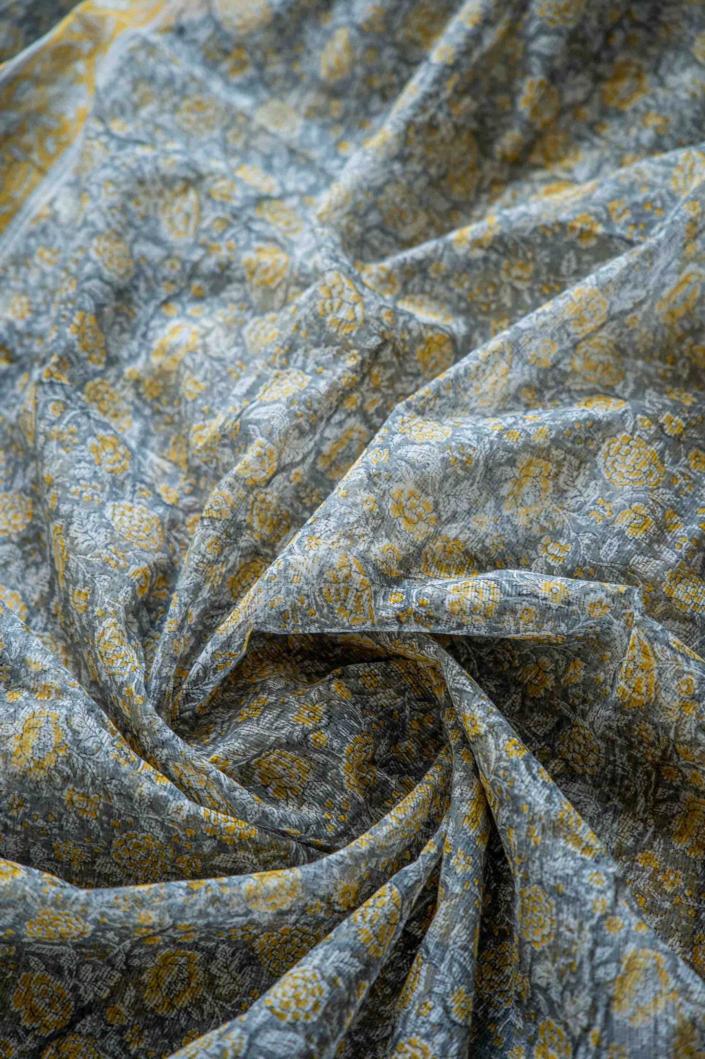 White Kota Doria Saree – Black & Yellow Floral Block Print