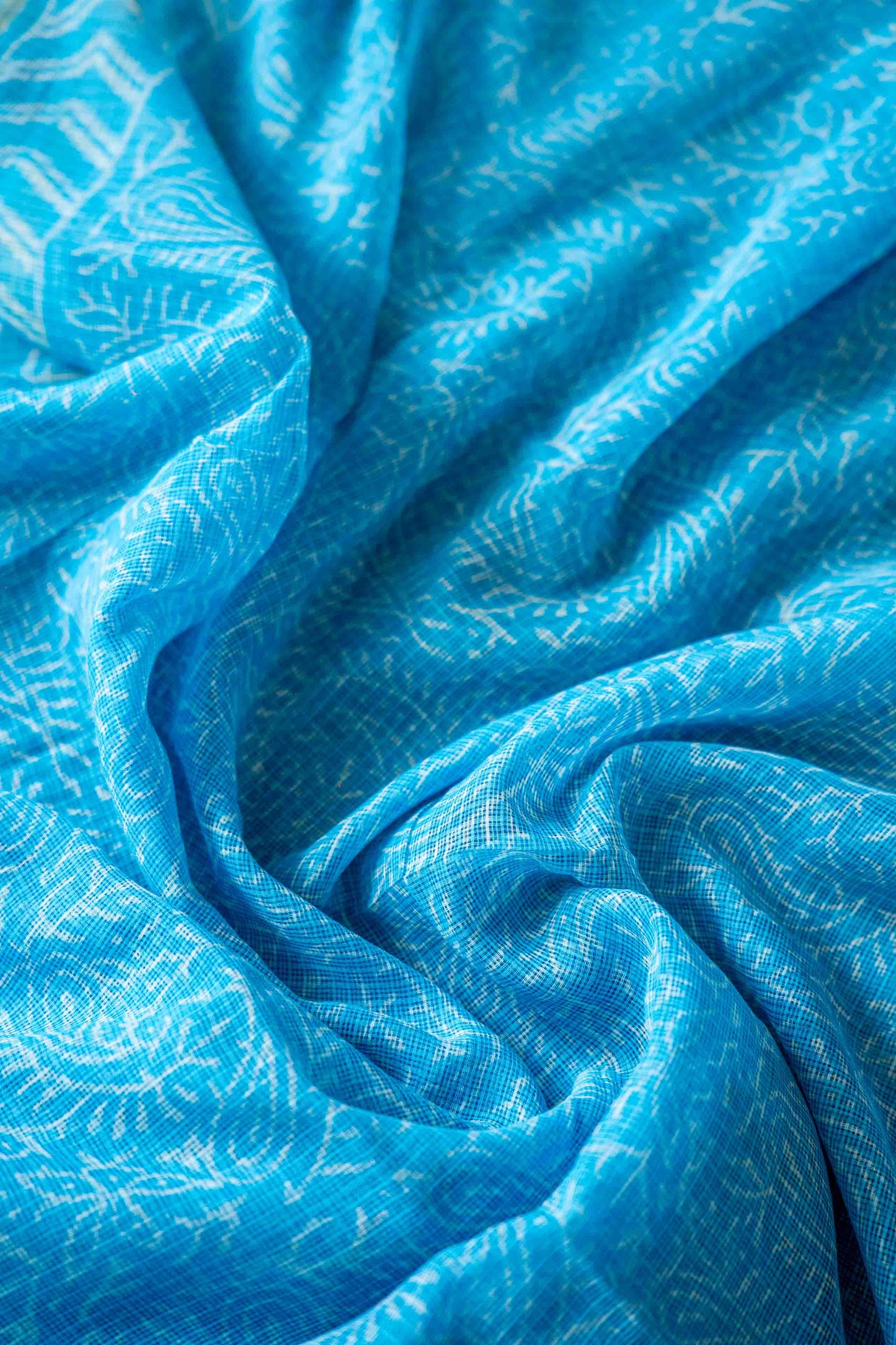 Turquoise Blue Kota Doria Saree – Floral Hand Block Print