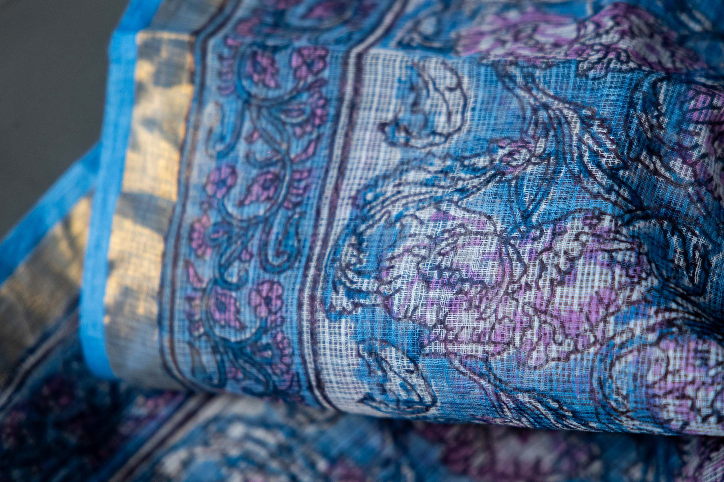 Bagru Kota Doria Saree – Bluish Purple Handloom Cotton Block Printed