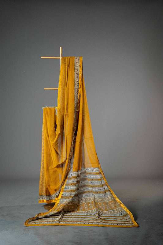 Kota Doria Handloom Saree – Dark Mustard Block Print, Bagru Cotton