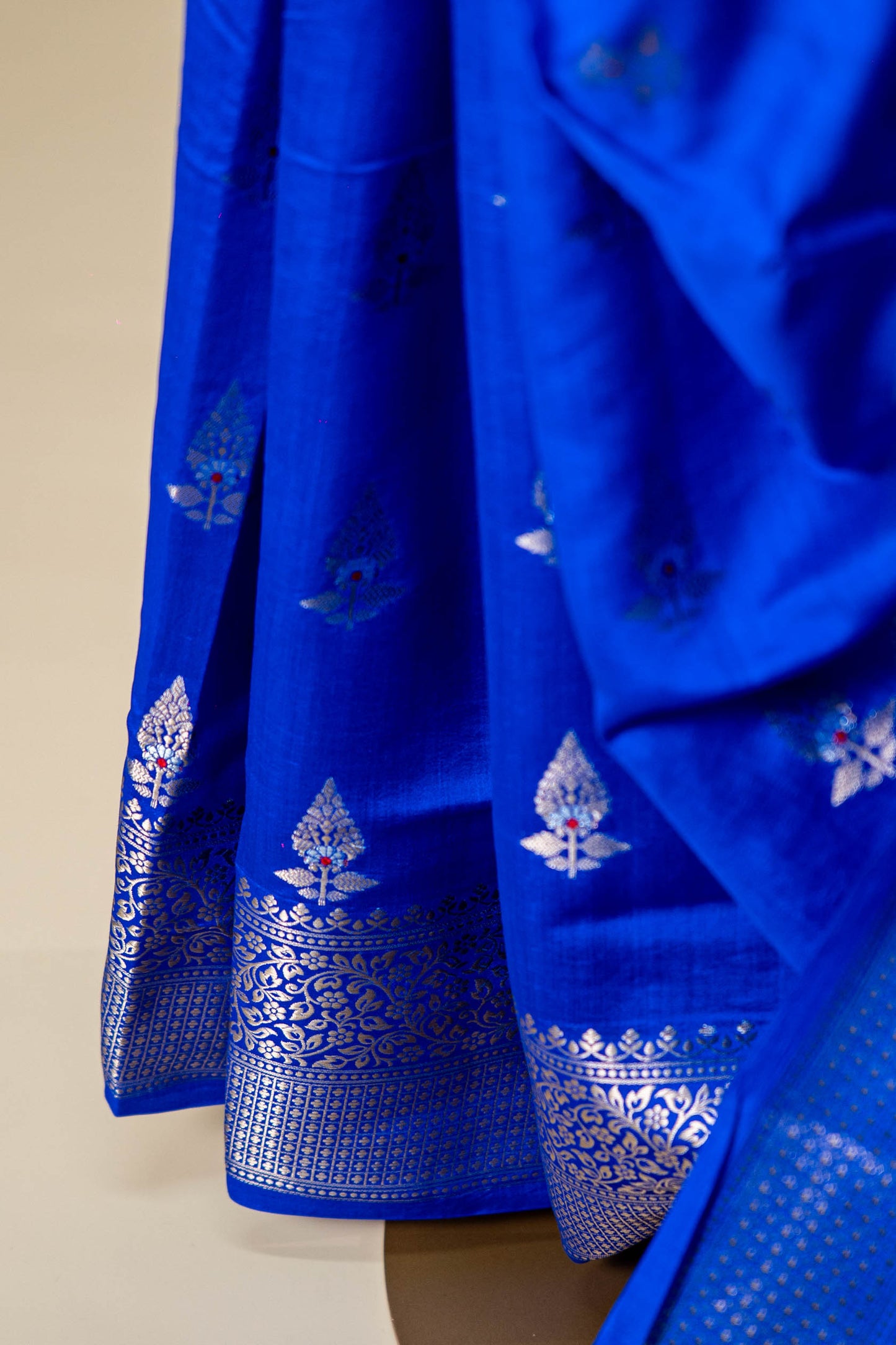 Royal Blue Banarsi Cotton Silk Saree – Kalgi Leaf with Floral Motif