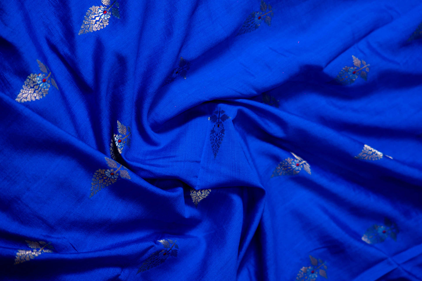 Royal Blue Banarsi Cotton Silk Saree – Kalgi Leaf with Floral Motif