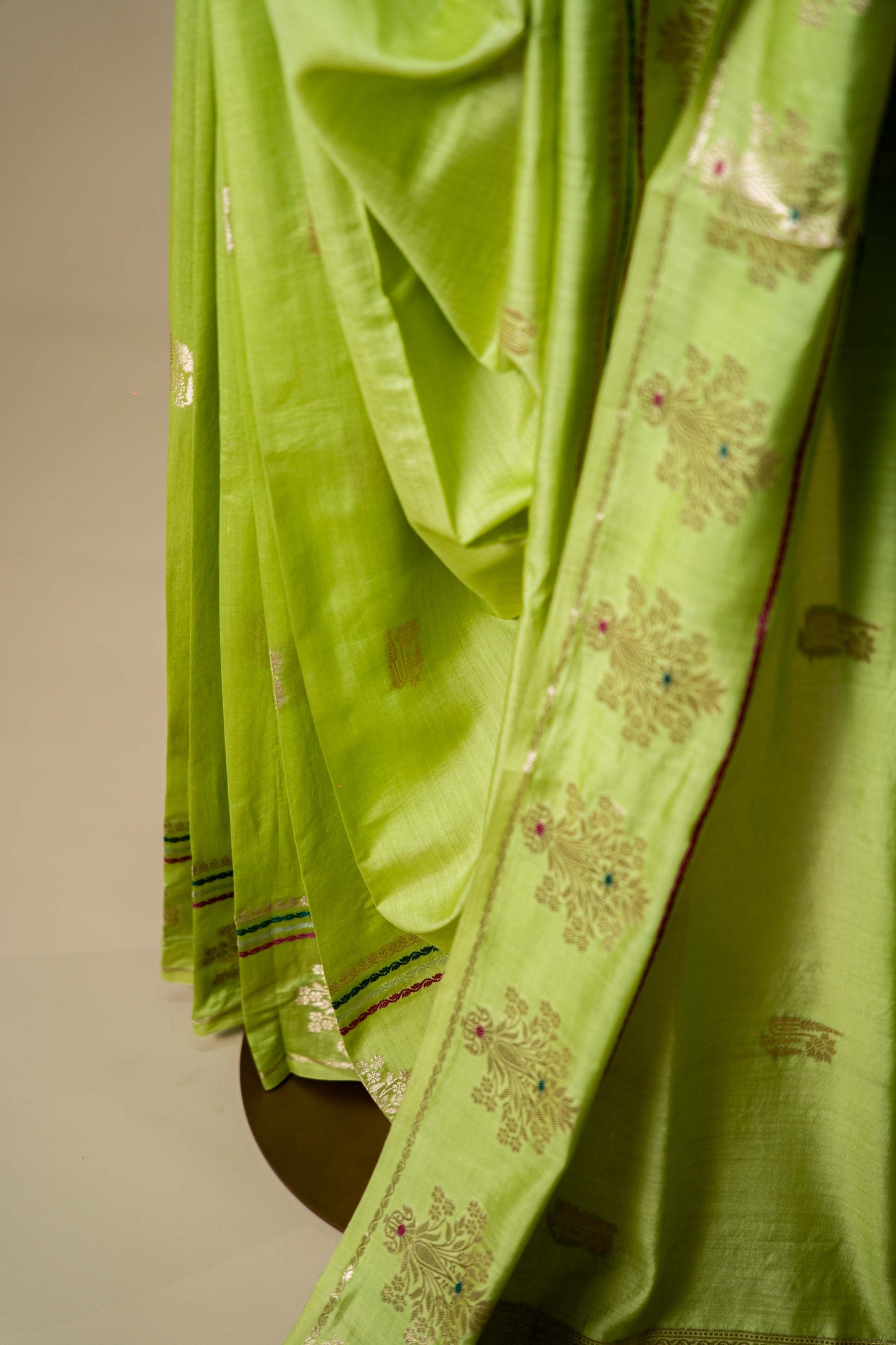 Light Olive Green Banarsi Cotton Silk Saree – Leaf Motif with Double Border