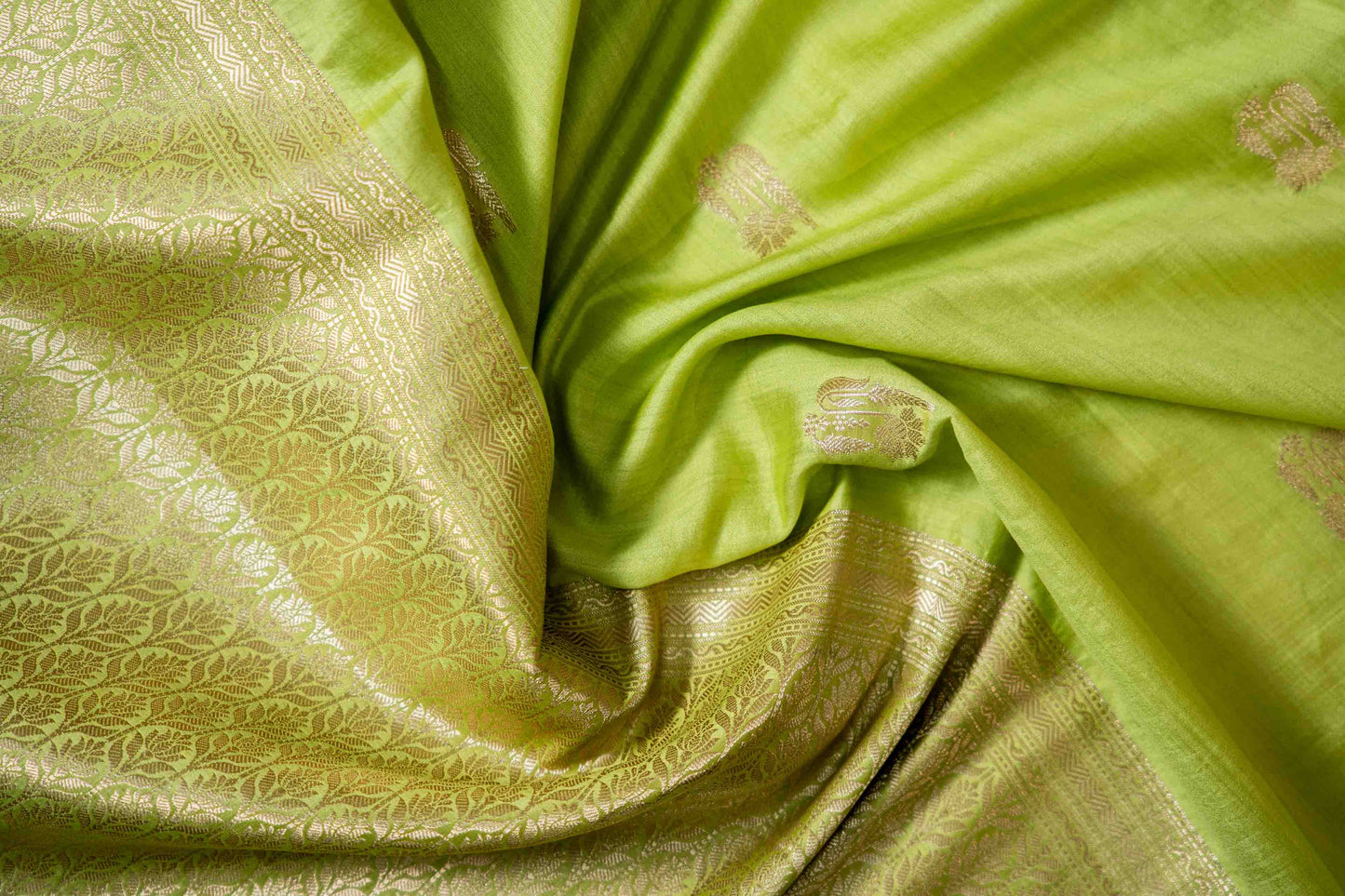 Light Olive Green Banarsi Cotton Silk Saree – Leaf Motif with Double Border