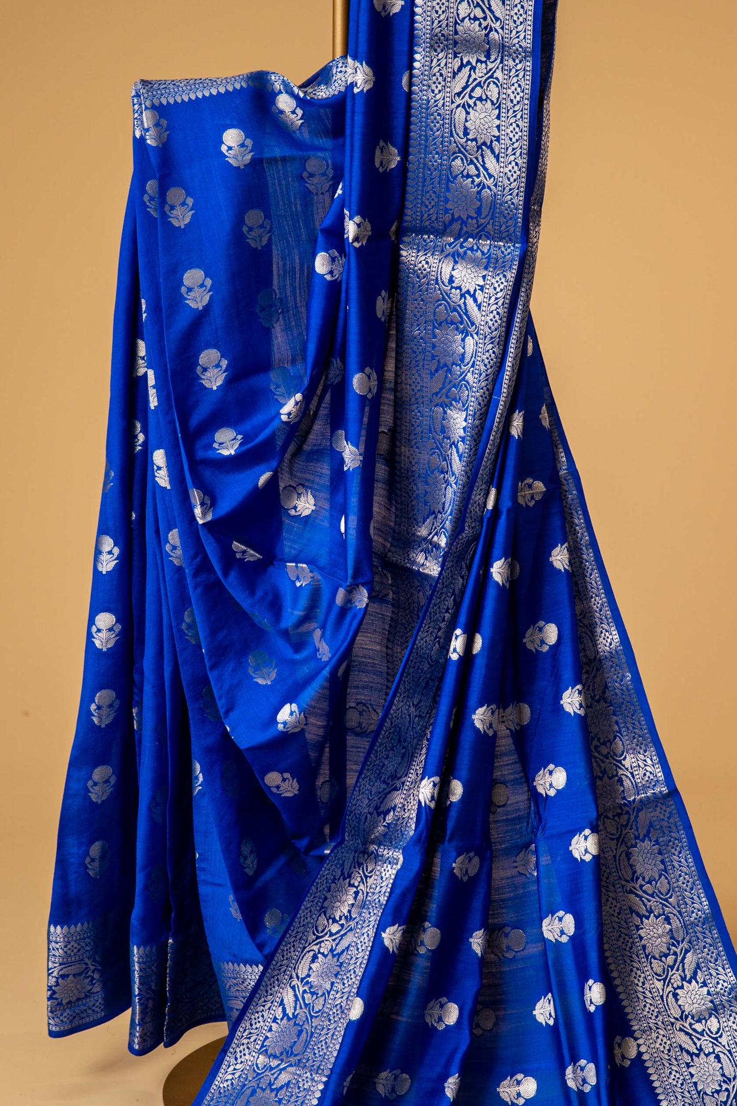 Navy Blue Banarsi Cotton Silk Saree – Marigold Motif with Border