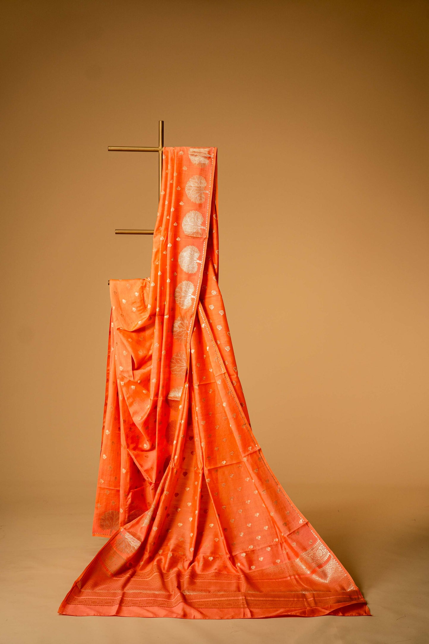Orange Banarsi Cotton Silk Saree – Small Booti with Border