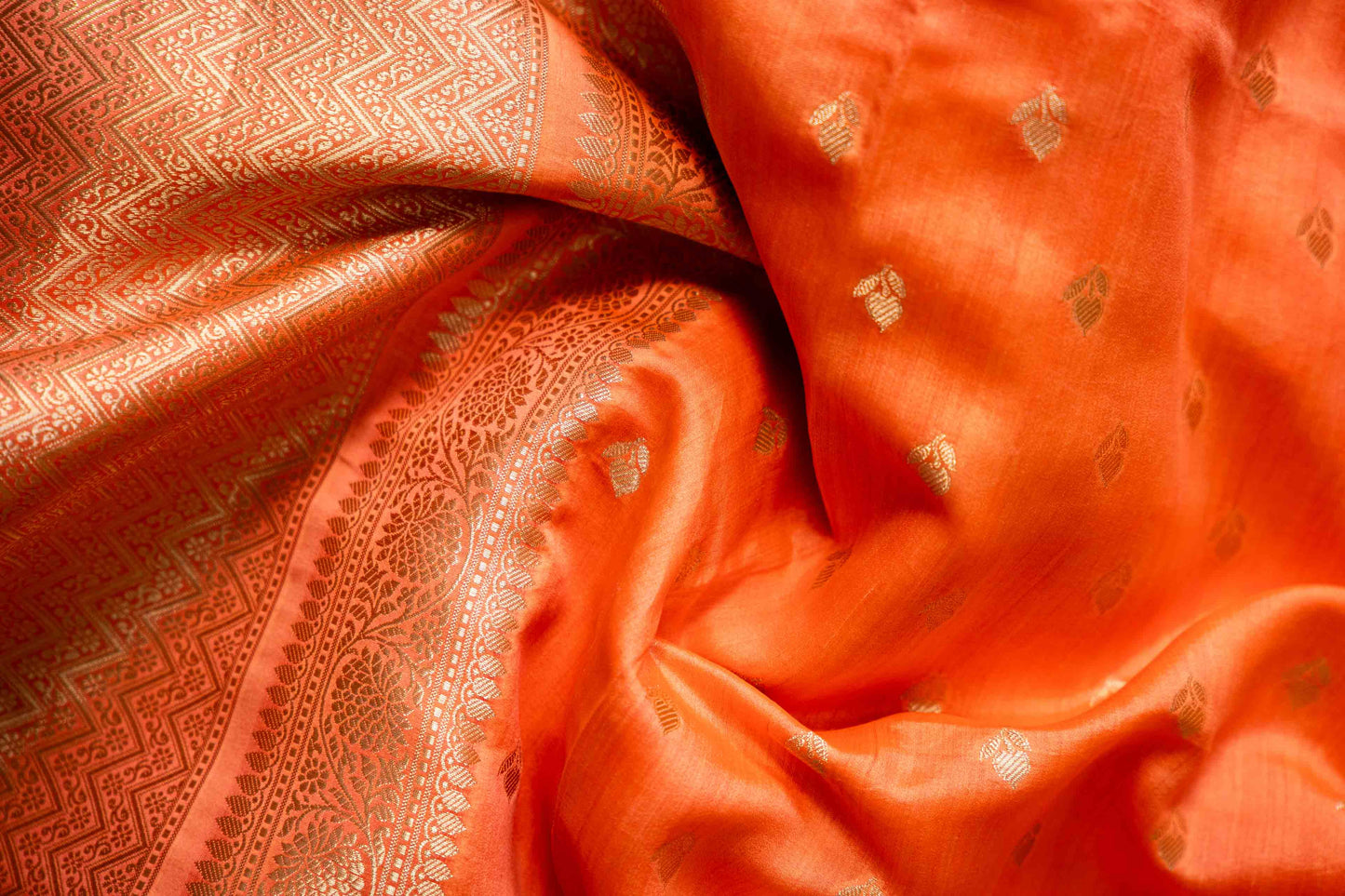 Orange Banarsi Cotton Silk Saree – Small Booti with Border