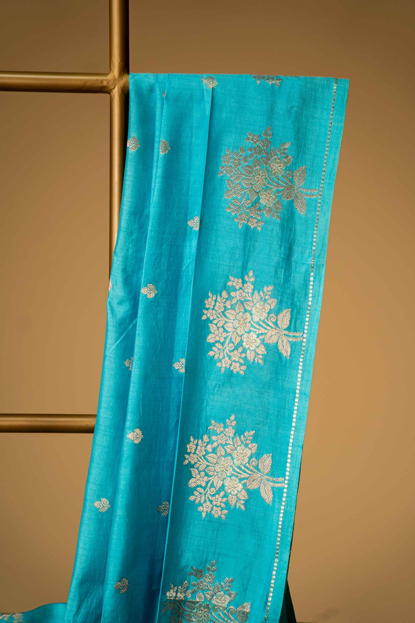 Turquoise Blue Banarsi Cotton Silk Saree – Small Booti with Border