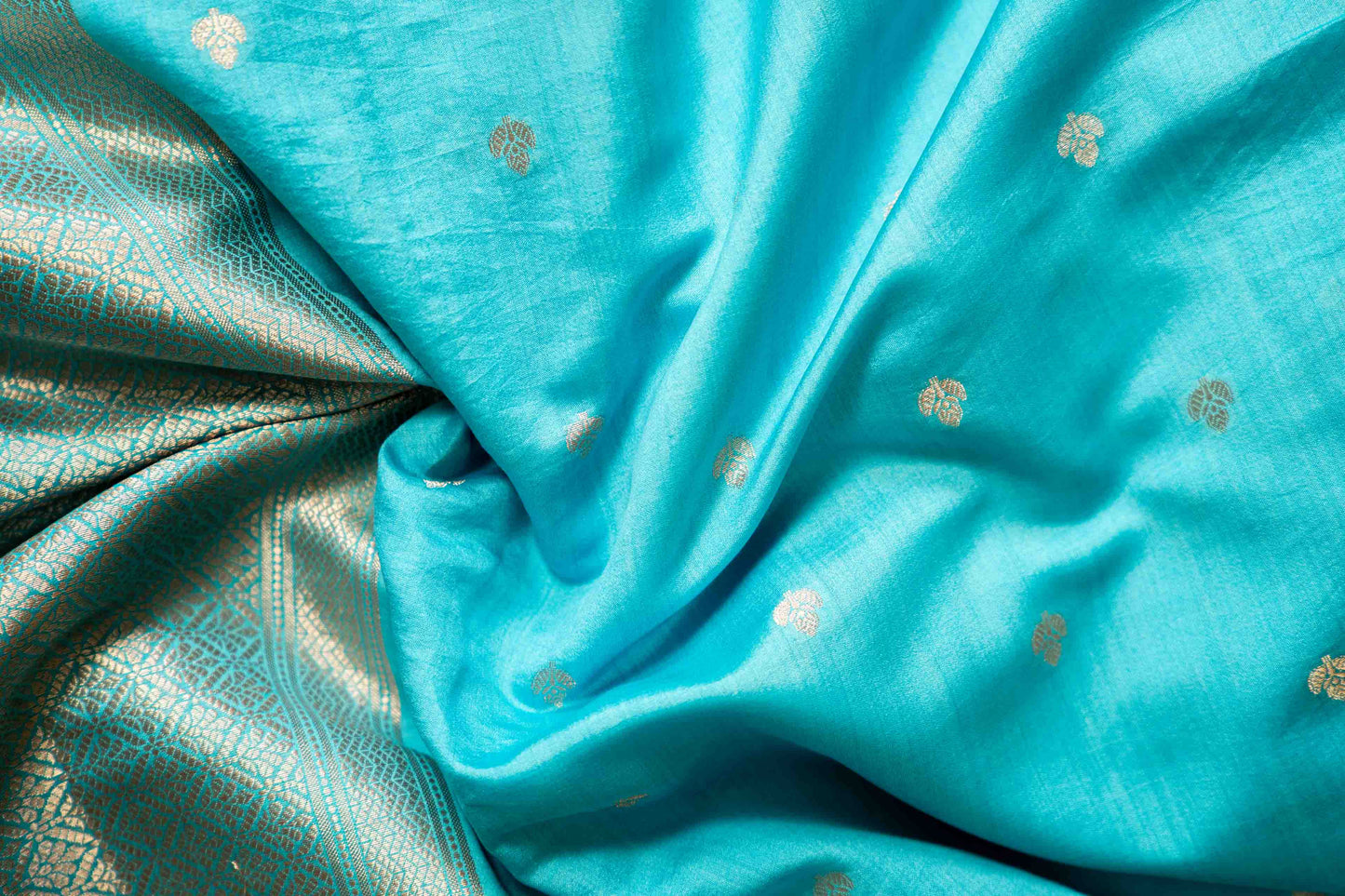 Turquoise Blue Banarsi Cotton Silk Saree – Small Booti with Border