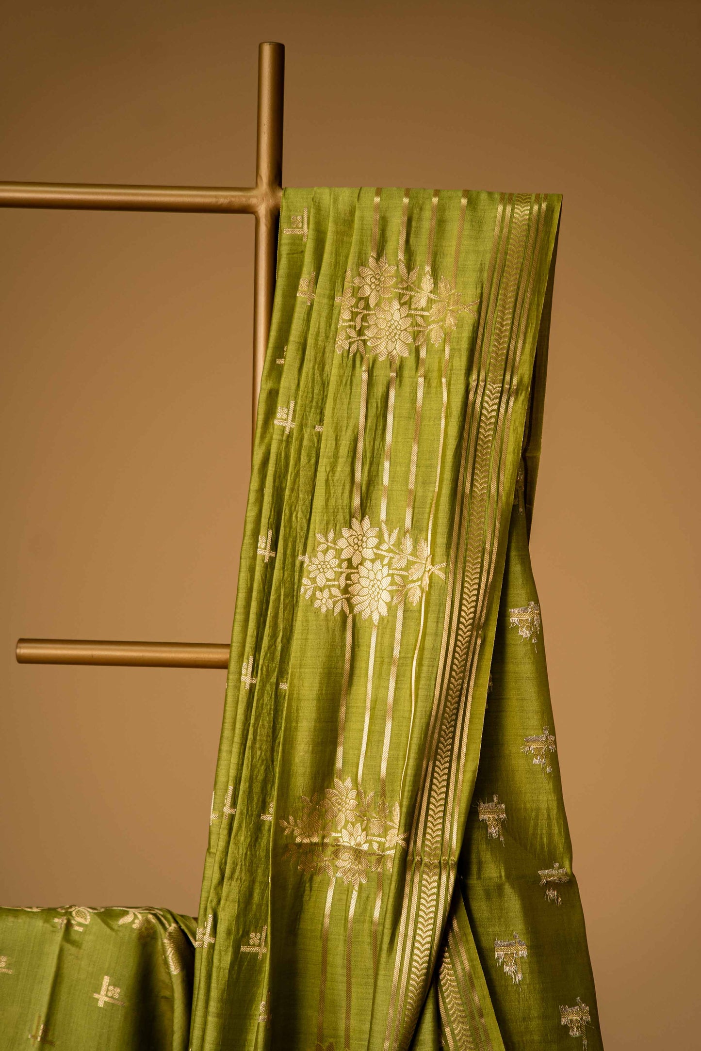 Mehandi Green Banarsi Cotton Silk Saree – Geometrical Motifs