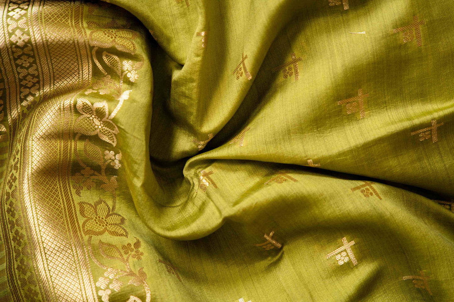 Mehandi Green Banarsi Cotton Silk Saree – Geometrical Motifs