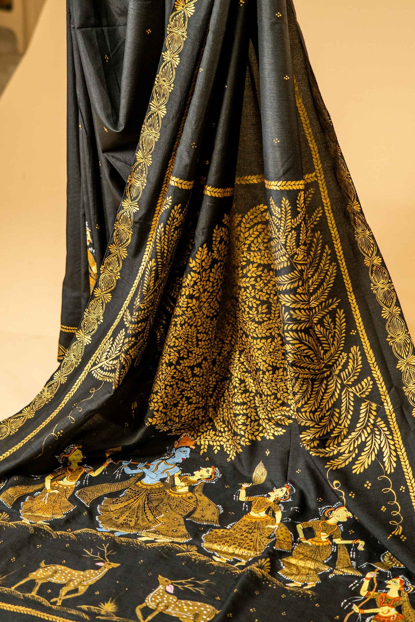 Black Satin Georgette Saree – Hand Painted Pure Georgette, Festive Wear