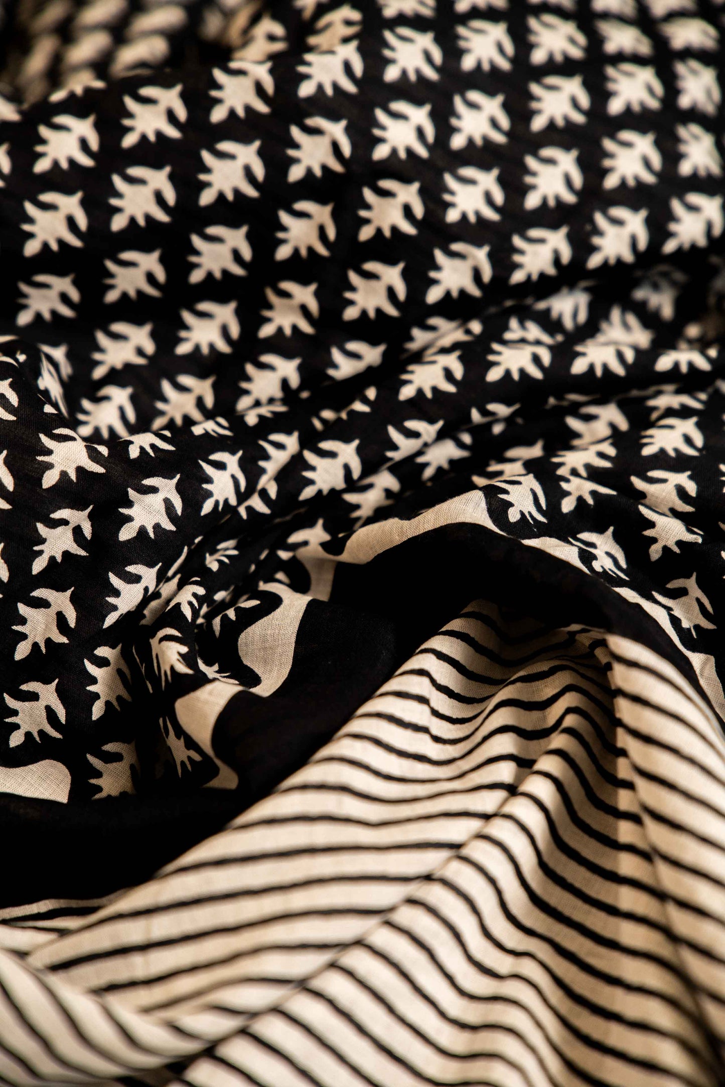 Bagru Handloom Mul Mul Cotton Saree – Black & White Block Print