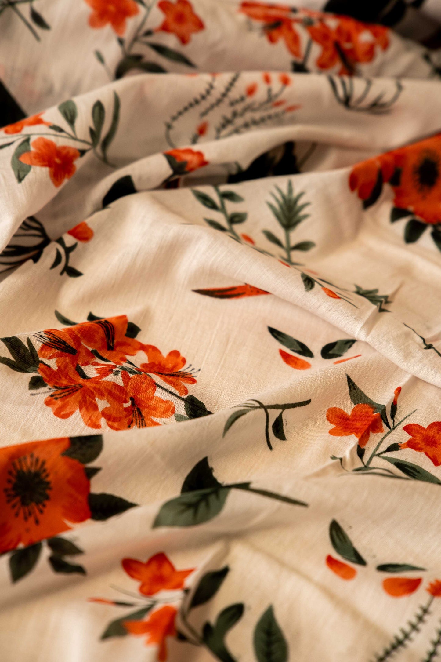Bagru Handloom Mul Mul Cotton Saree – White Base with Floral Print